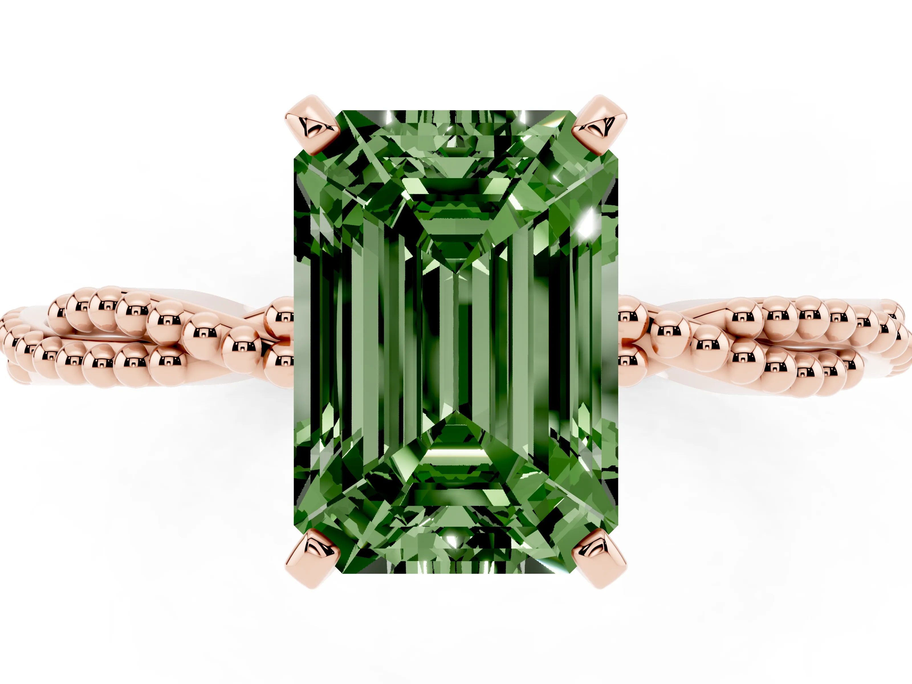 Fancy Green Emerald Cut Diamond Solitaire Ring Set in Rose gold with Twisted Band and Bead Prong Setting