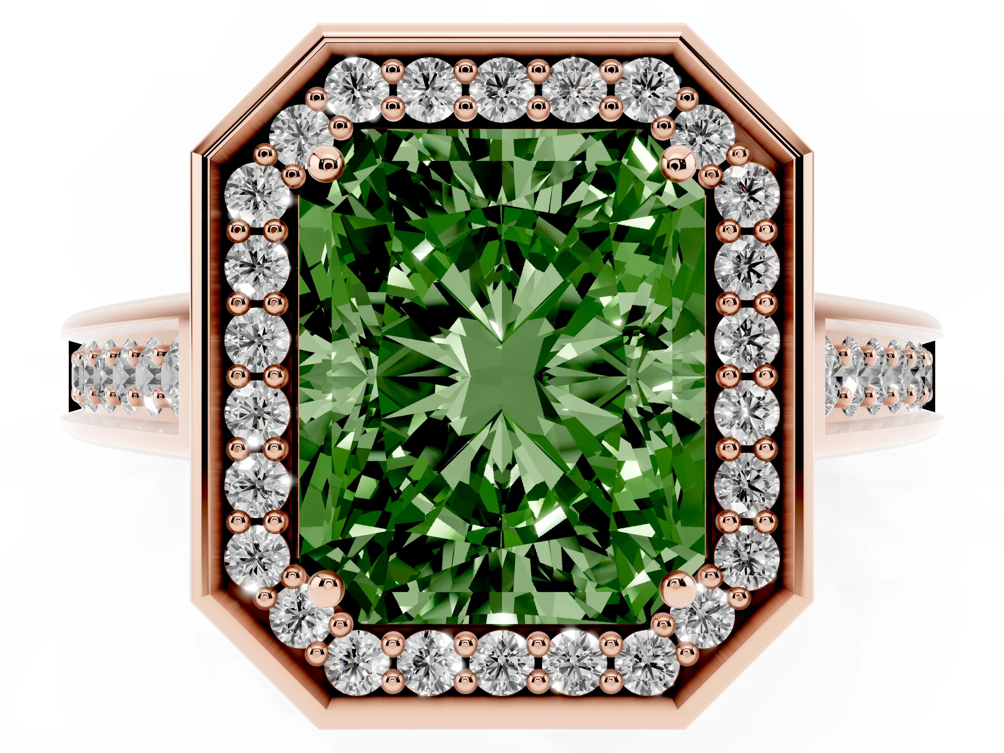 Fancy Green Emerald Cut Diamond Halo Solitaire Ring Set in Rose gold with Pavé Band and Bezel Setting