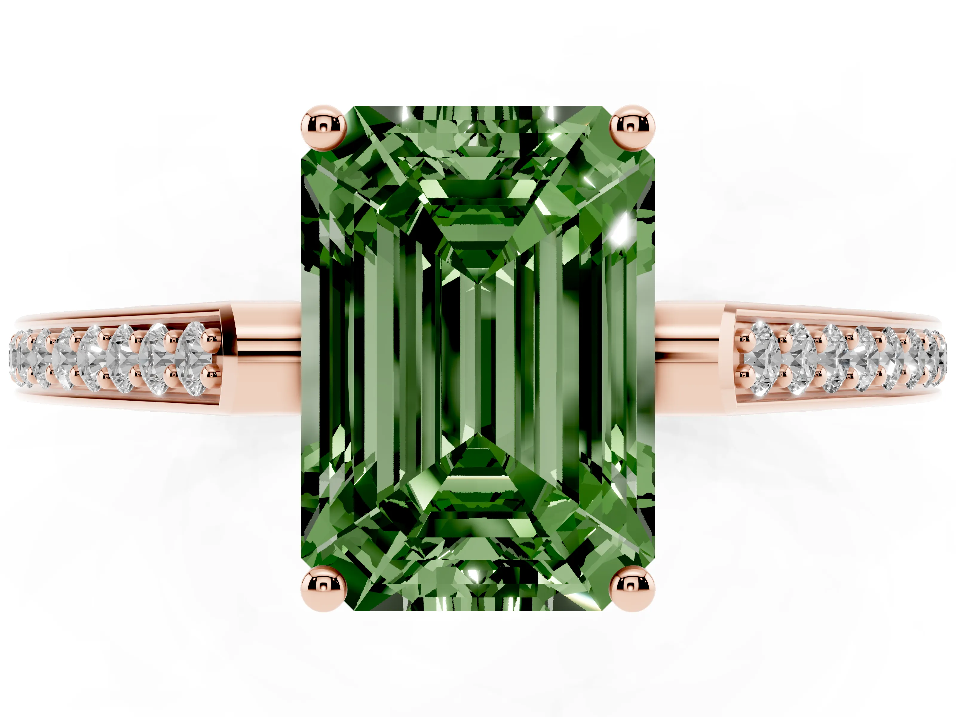 Fancy Green Emerald Cut Diamond Cathedral Pavé Engagement Ring Set in Rose gold with Prong Setting