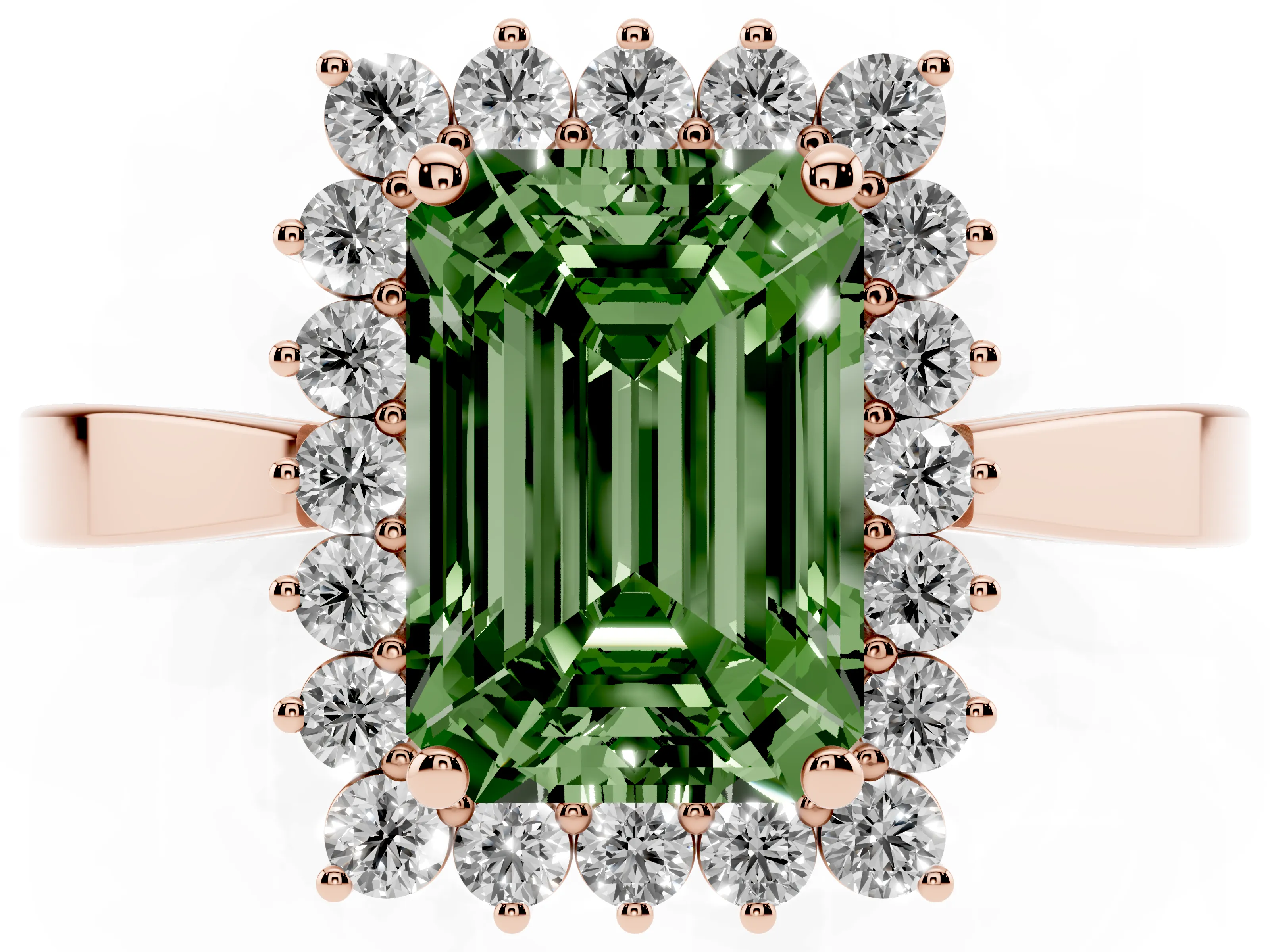 Fancy Green Emerald Cut Diamond Halo Ring Set in Rose gold with Round Halo and Smooth Solitaire Band