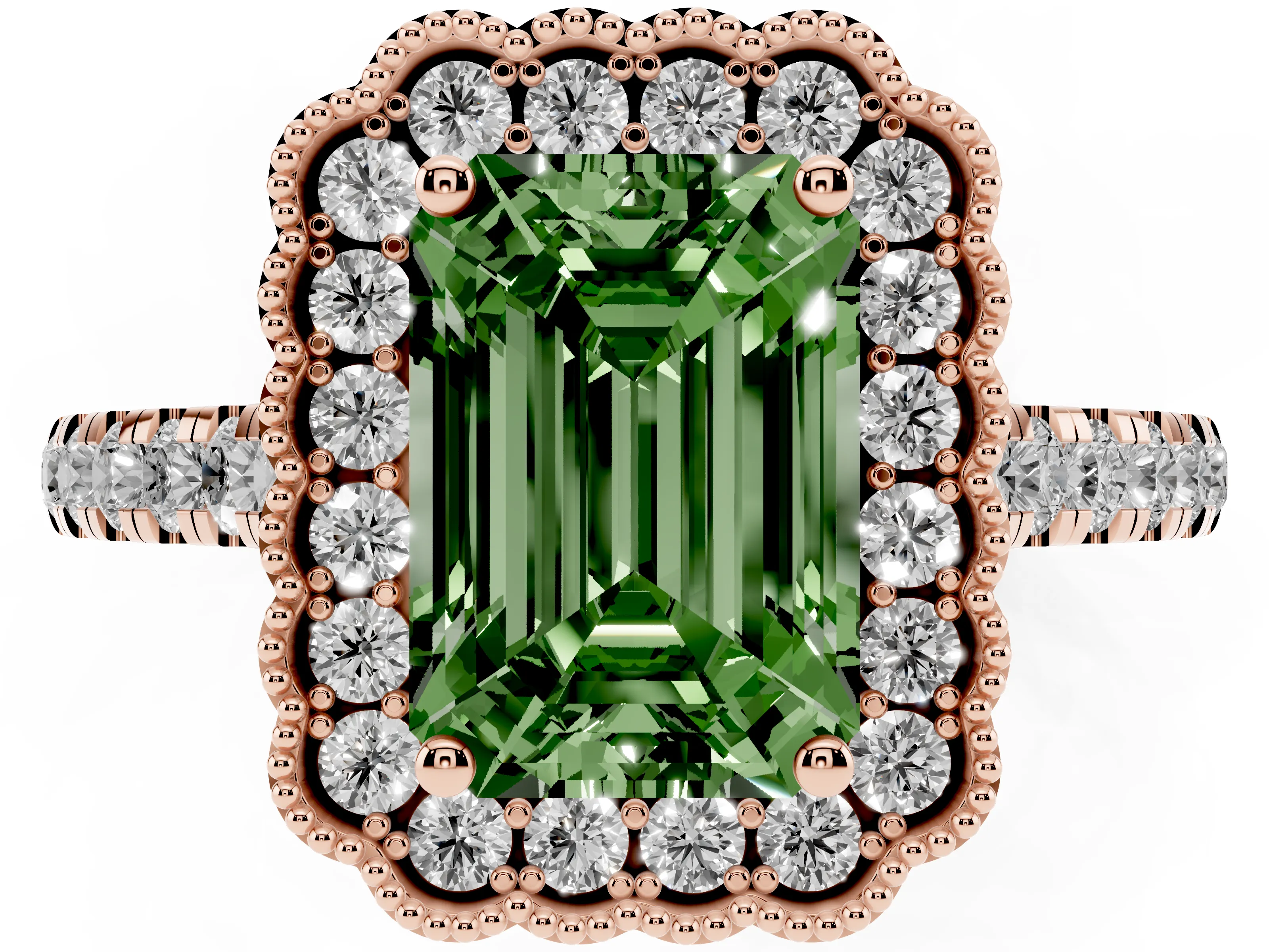 Fancy Green Emerald Cut Diamond Milgrain Floral Halo Engagement Ring Set in Rose gold with Pavé Band
