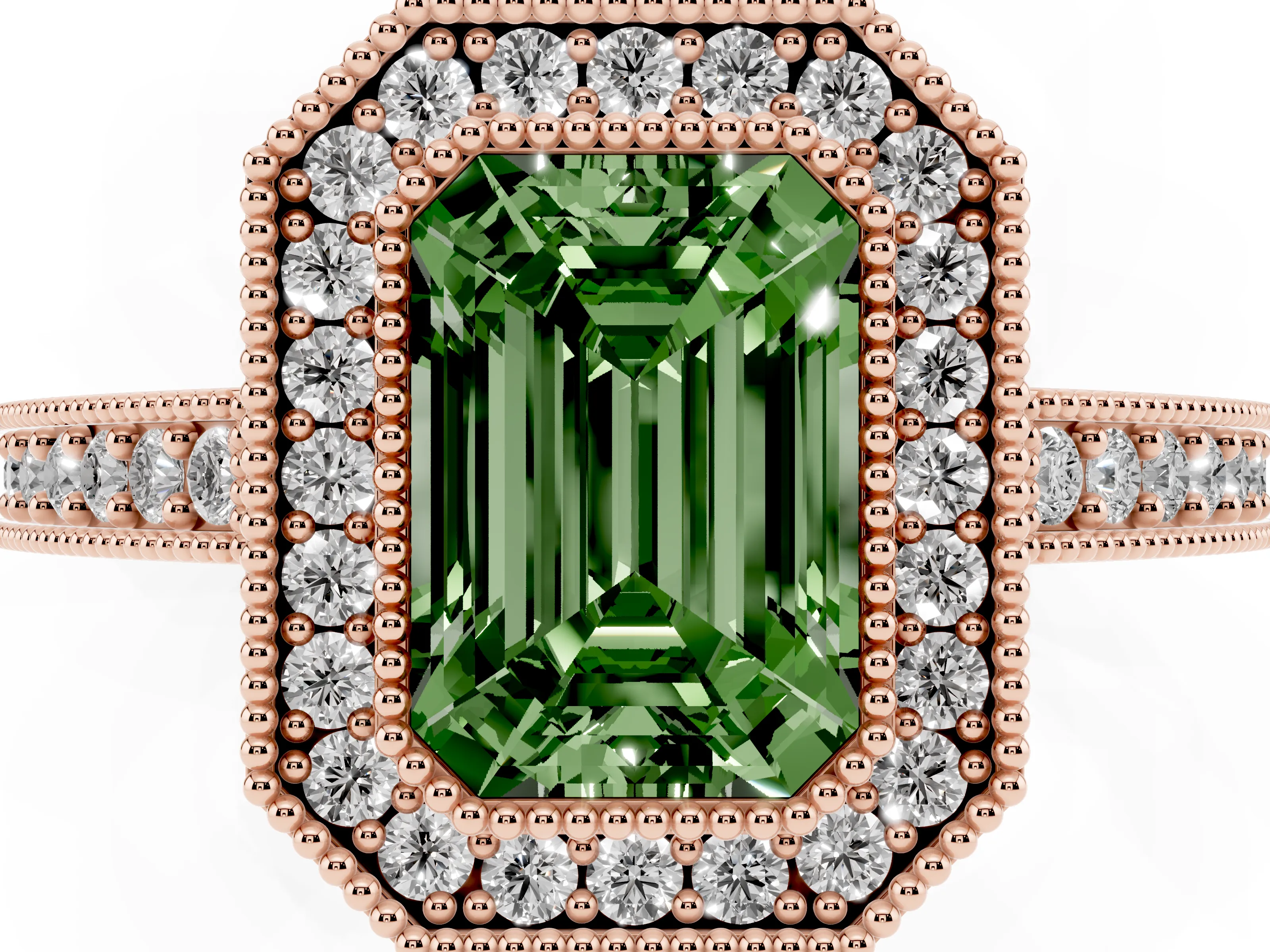 Fancy Green Emerald Cut Diamond Halo Engagement Ring Set in Rose gold with Pavé Band and Round Halo Stones