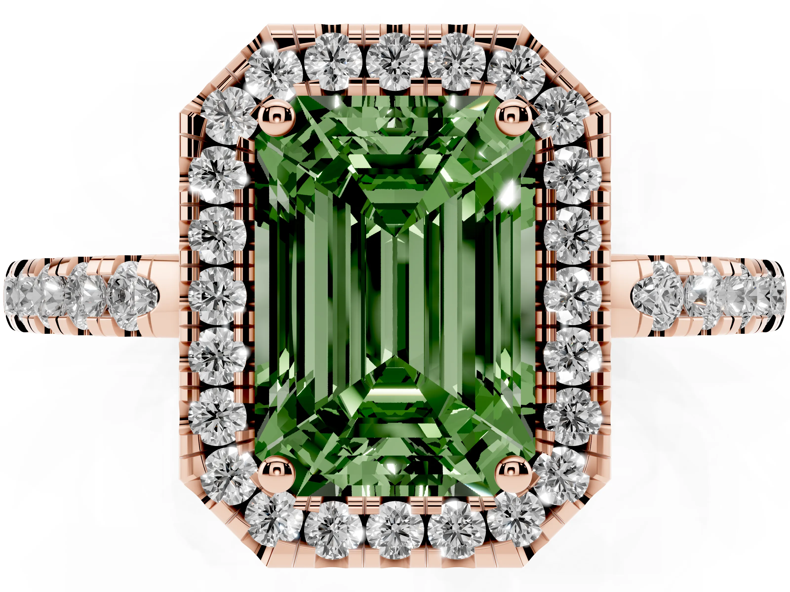 Fancy Green Emerald Cut Diamond Pavé Band Halo Engagement Ring Set in Rose gold with Prong Setting