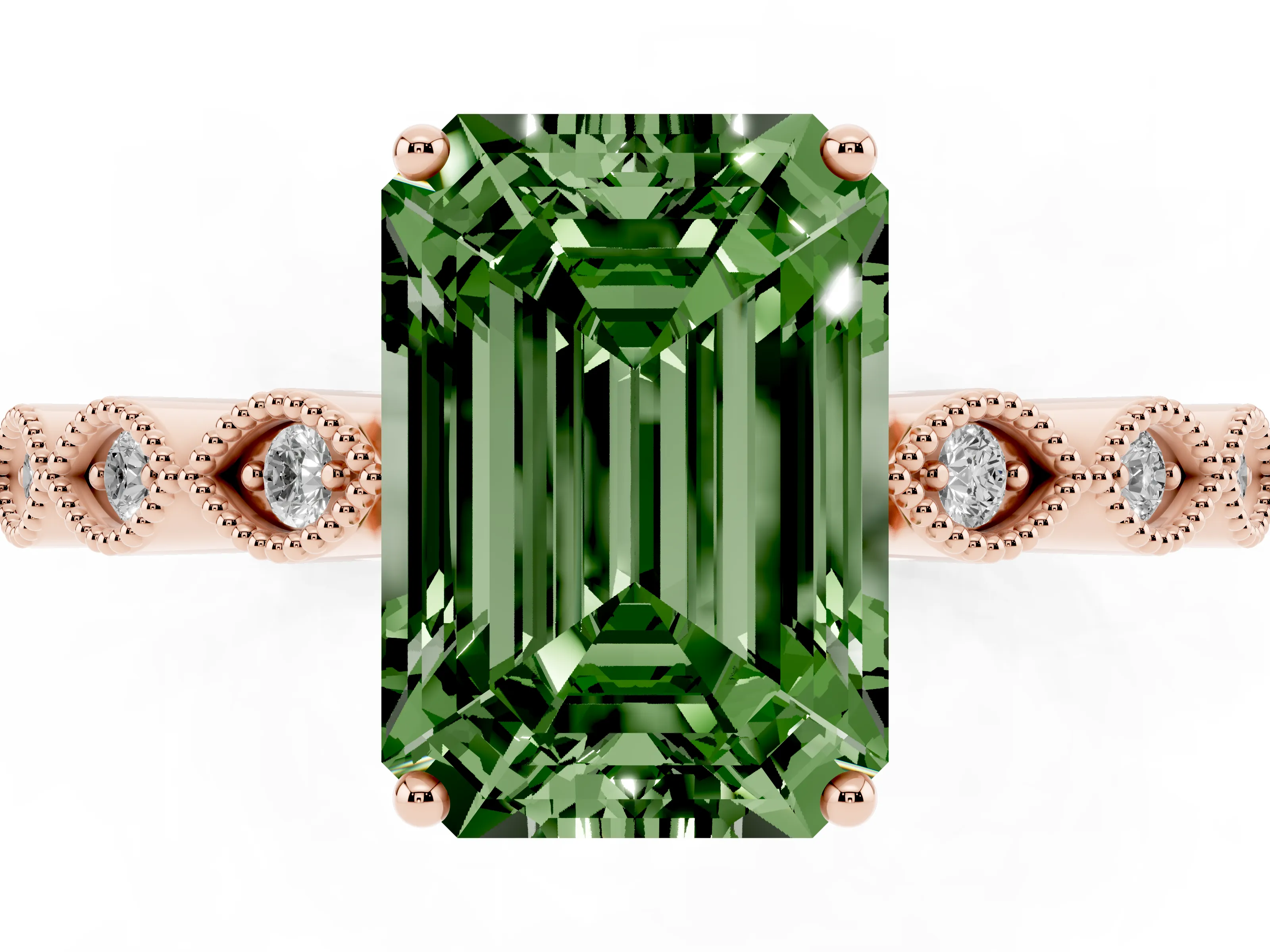 Fancy Green Emerald Cut Diamond Solitaire Ring Set in Rose gold with Infinity Twist Pavé Band