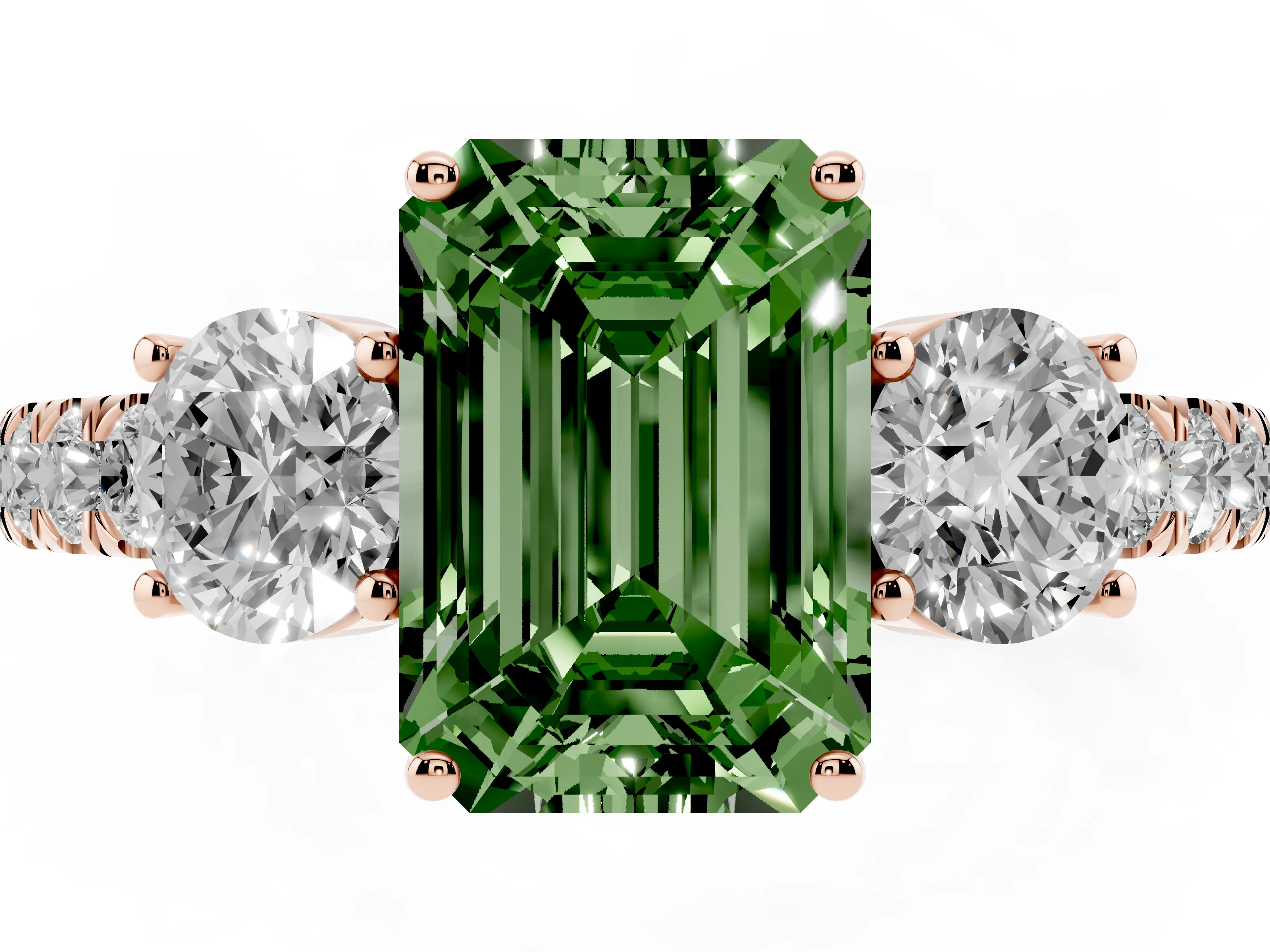 Fancy Green Emerald Cut Diamond Three-Stone Ring Set in Rose gold with Round Side Stones and Delicate Pavé Band
