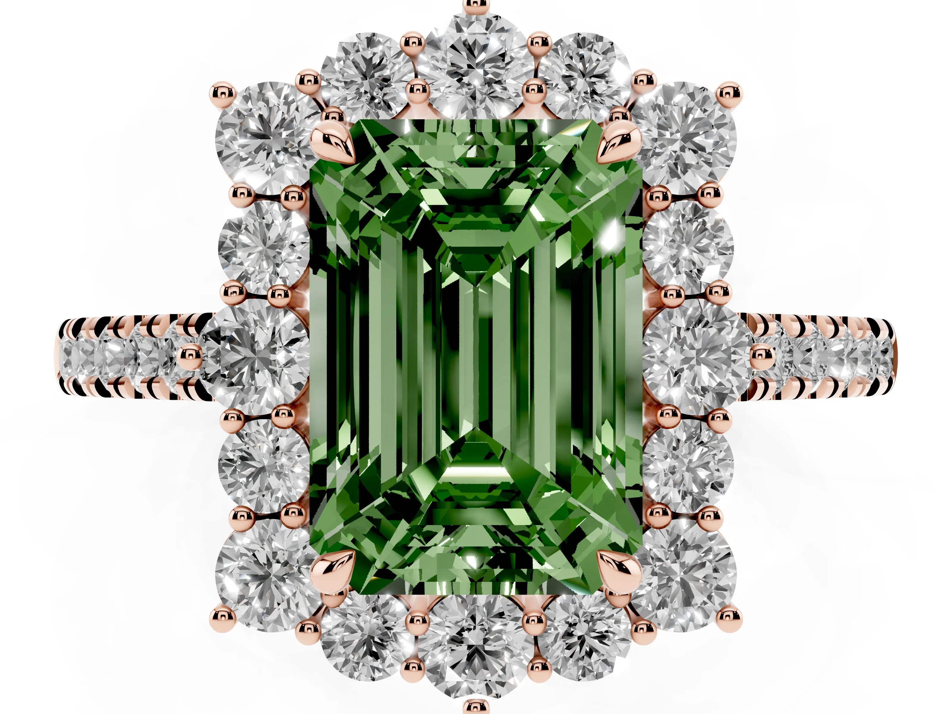 Fancy Green Emerald Cut Diamond Halo Ring Set in Rose gold with Pavé Band and Prong Setting