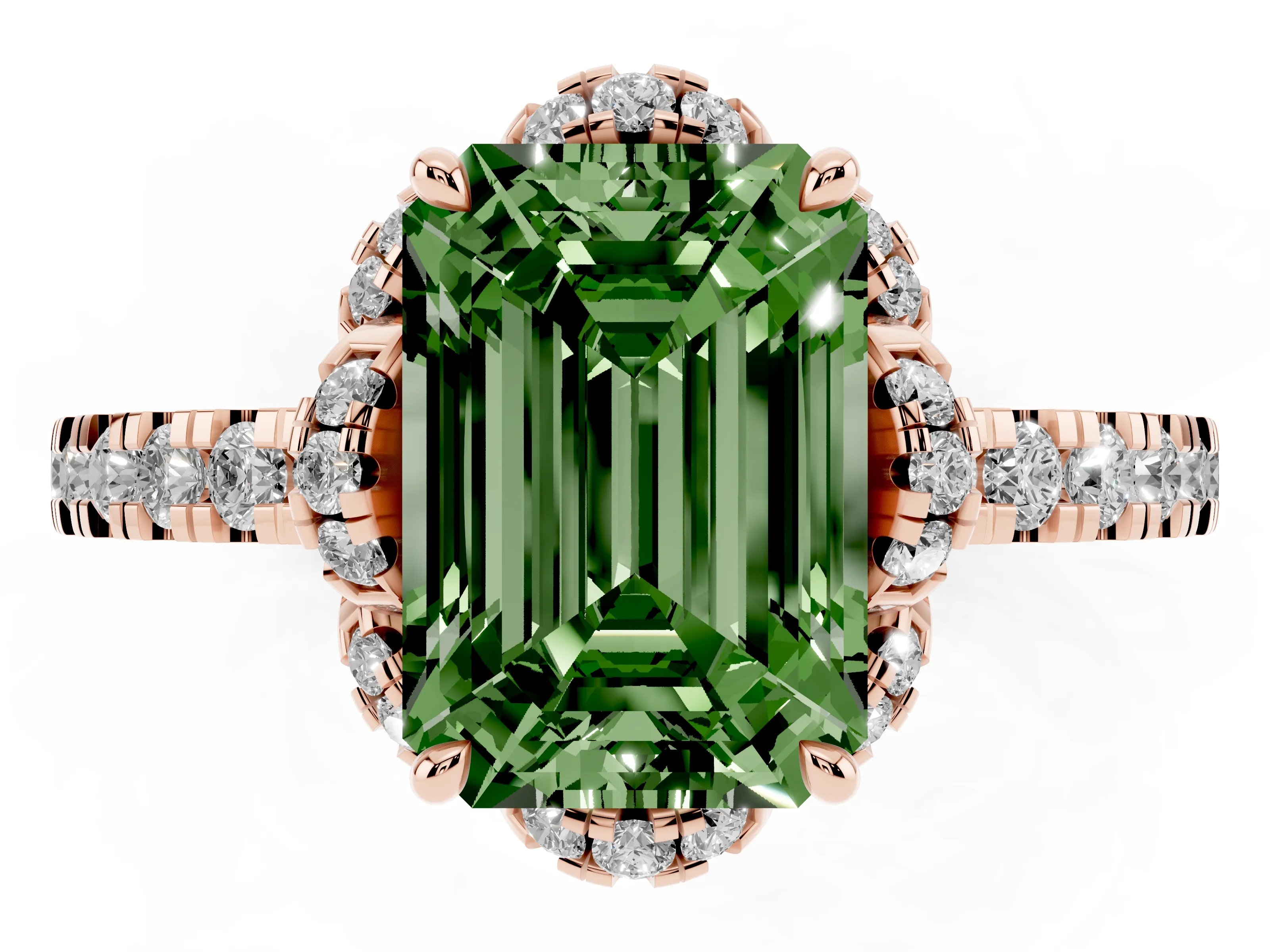 Fancy Green Emerald Cut Diamond Halo Pavé Band Ring Set in Rose gold with Prong-Held Center