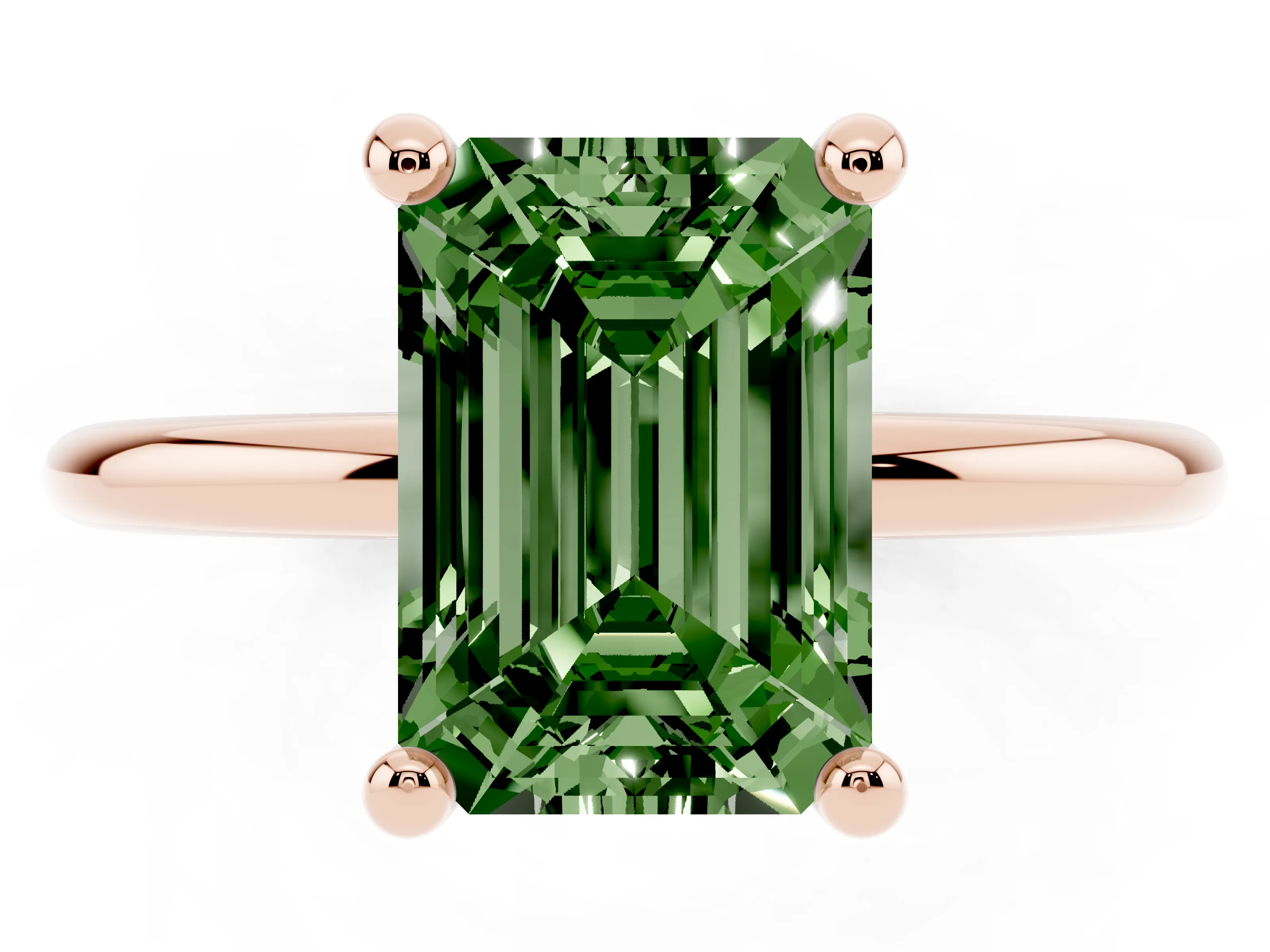 Fancy Green Emerald Cut Diamond Solitaire Ring Set in Rose gold with Secure Prong Setting on a Classic Band