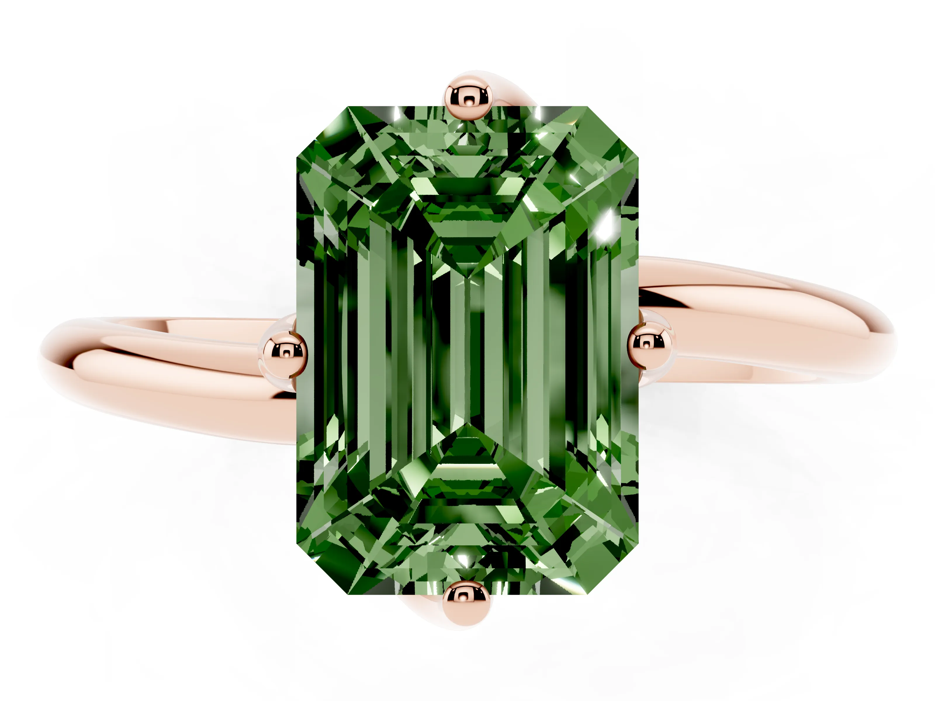 Fancy Green Emerald Cut Diamond Solitaire Engagement Ring Set in Rose gold with Classic Plain Band