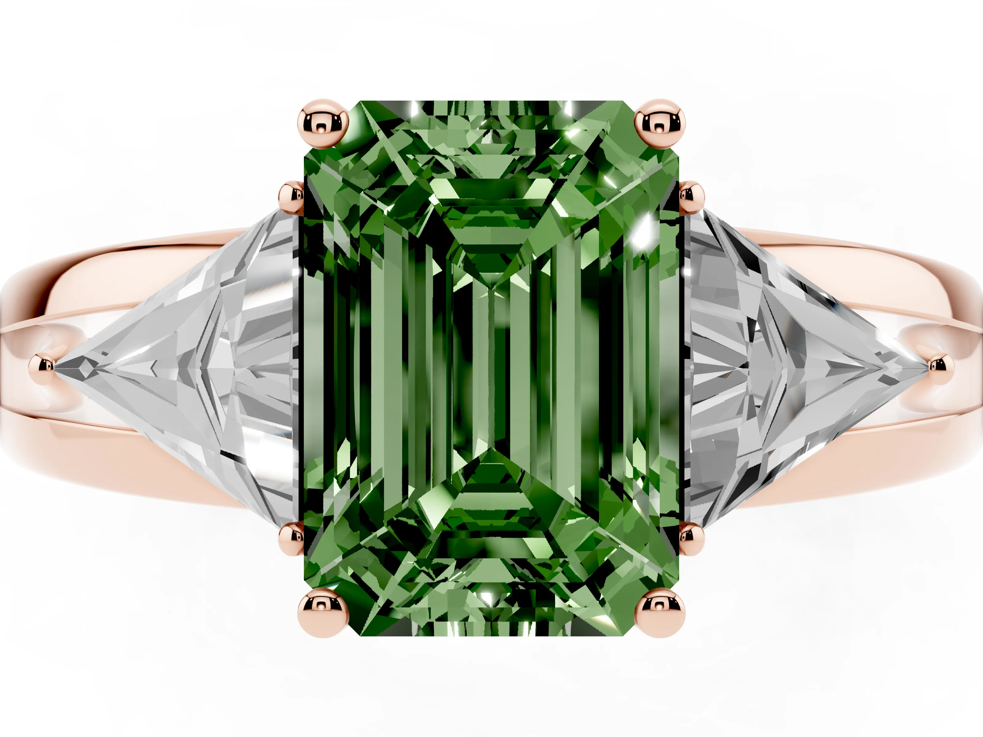 Fancy Green Emerald Cut Diamond Three-Stone Ring Set in Rose gold with Trillion Side Stones and Split Shank