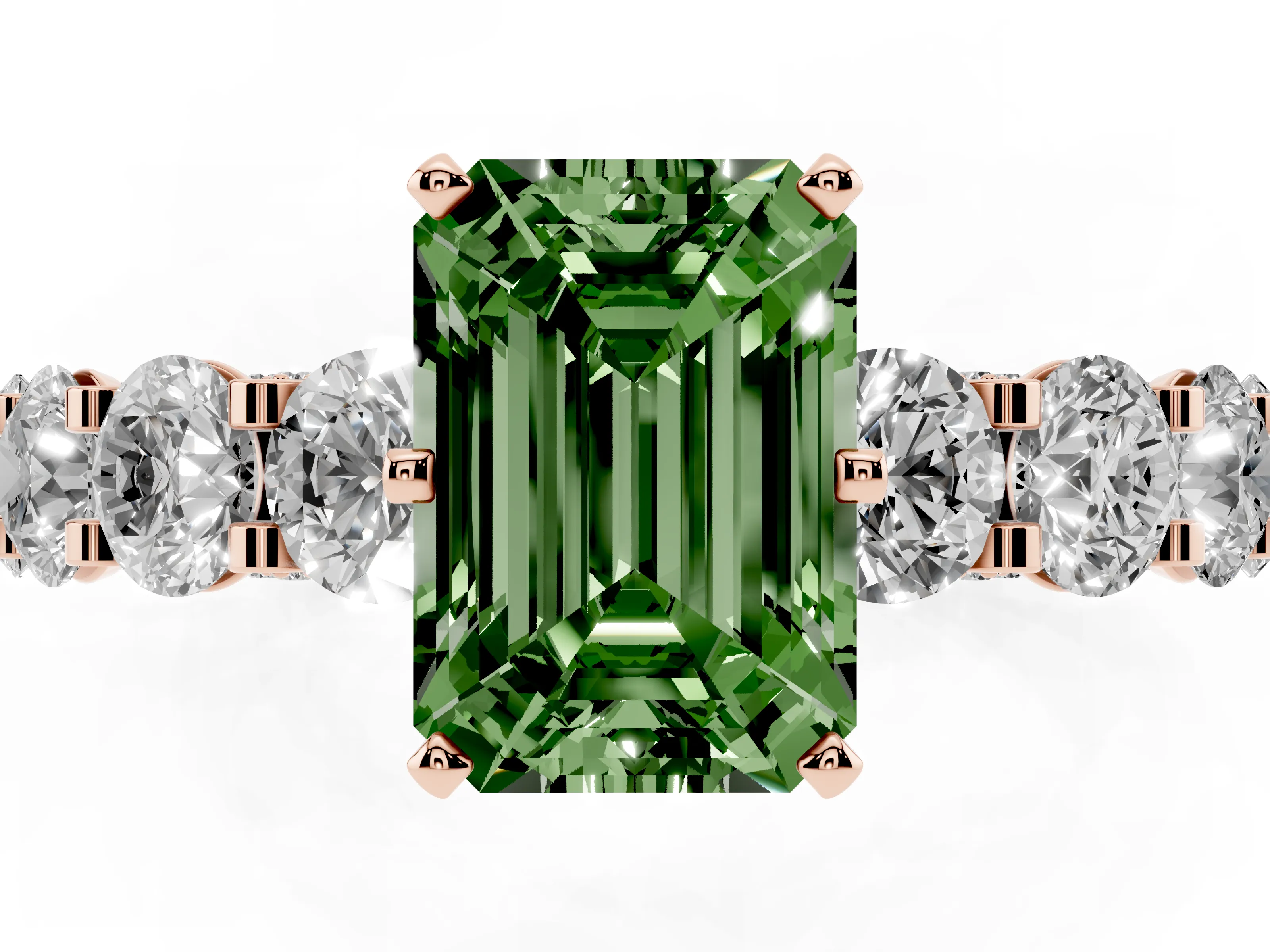 Fancy Green Emerald Cut Diamond Side Stone Ring Set in Rose gold with Alternating Round and Oval Side Stones
