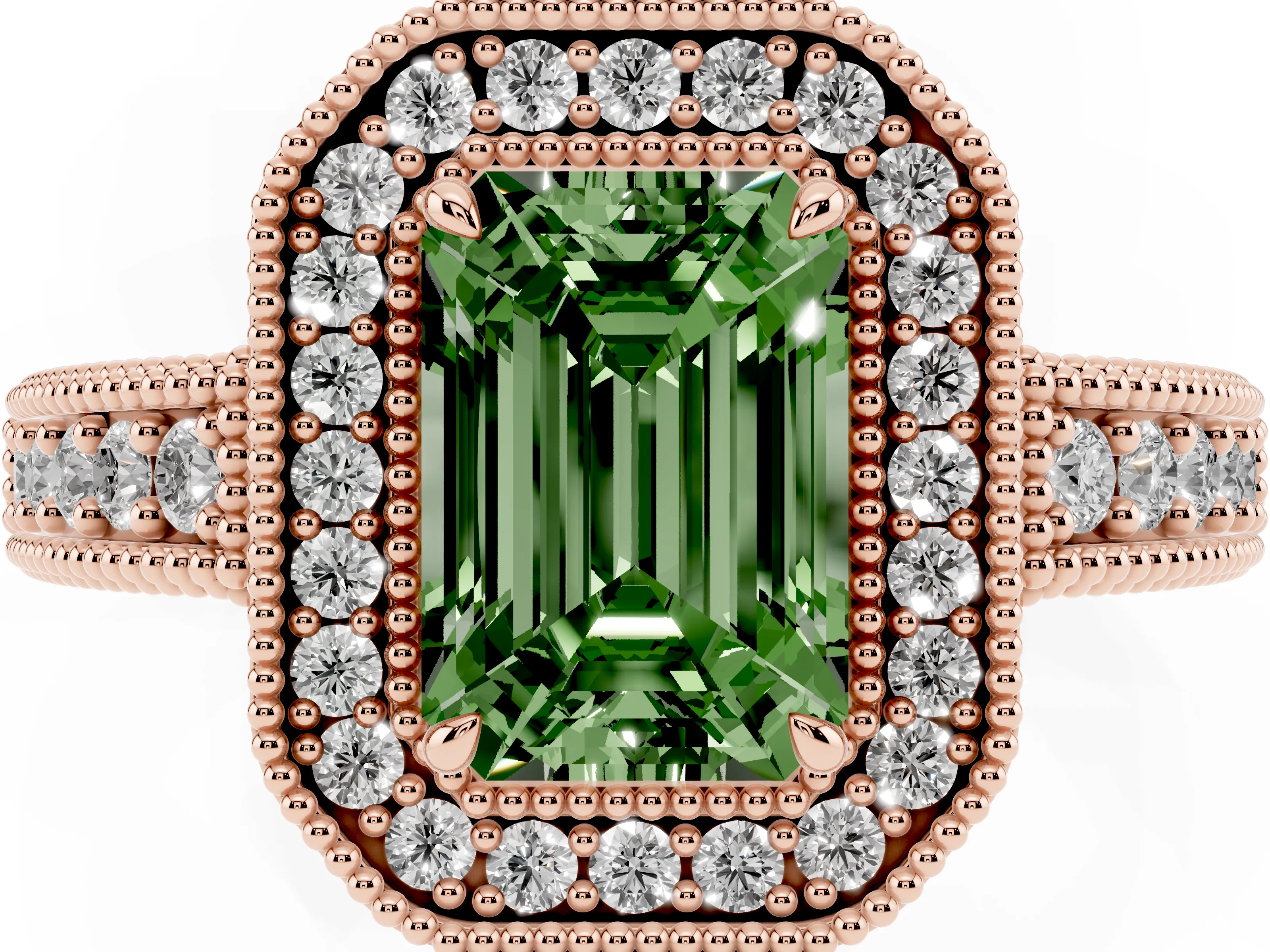 Fancy Green Emerald Cut Diamond Halo Ring Set in Rose gold with Round Accent Halo, Pavé Band and Prong Setting