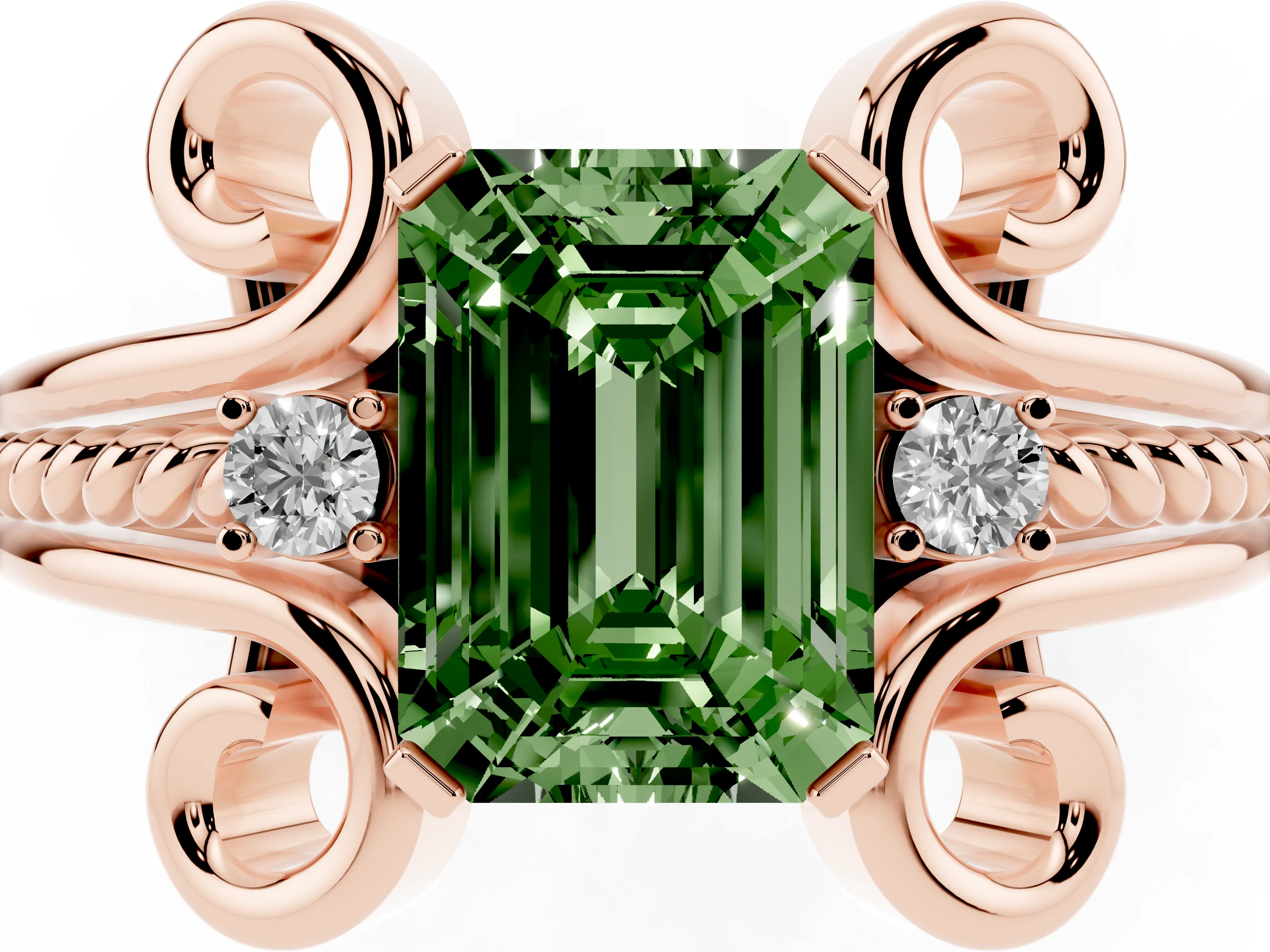 Fancy Green Emerald Cut Diamond Twisted Band Solitaire Ring Set in Rose gold with Scroll Prongs