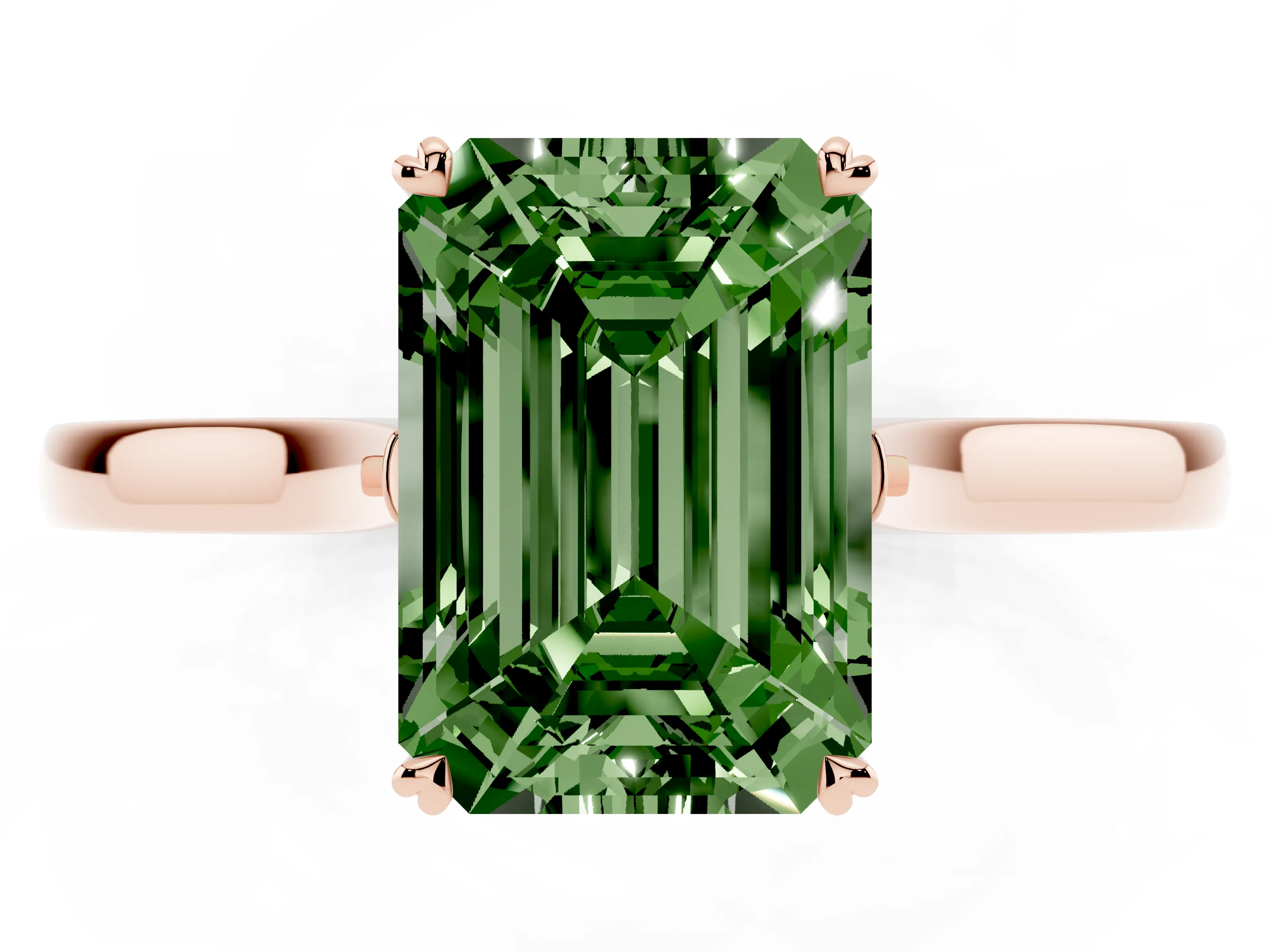 Fancy Green Emerald Cut Diamond Solitaire Heart Prong Engagement Ring Set in Rose gold with Tapered Band