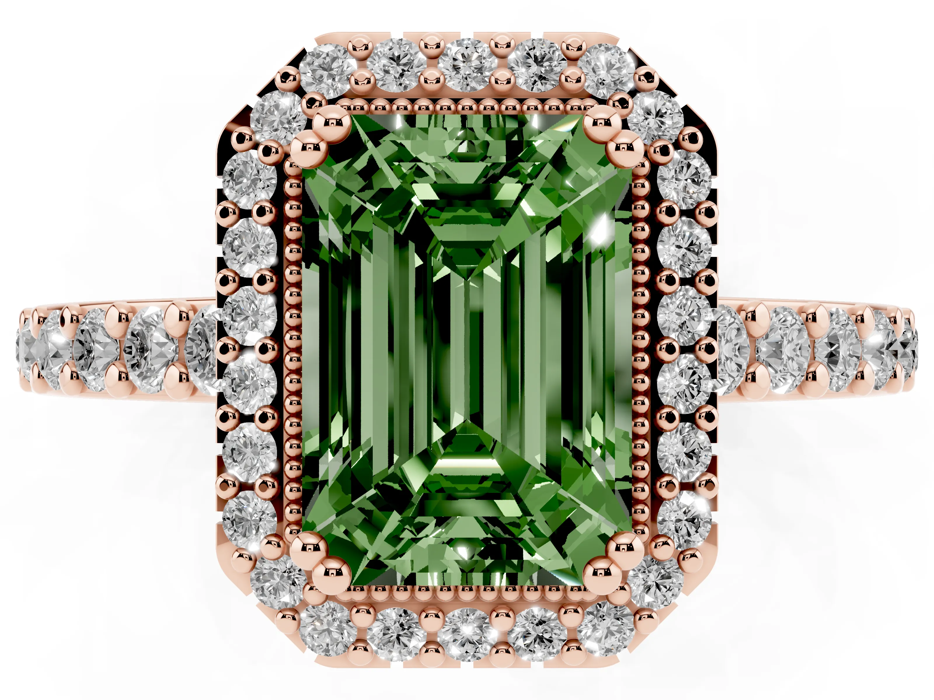 Fancy Green Emerald Cut Diamond Halo Engagement Ring Set in Rose gold with Milgrain Detail and Pavé Band