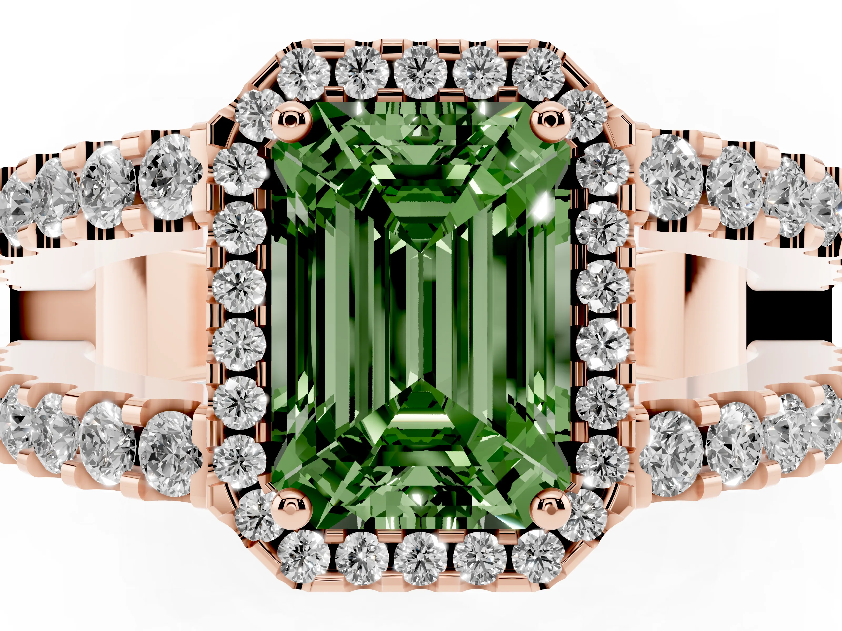Fancy Green Emerald Cut Diamond Halo Ring Set in Rose gold with Pavé Split Shank and Prong Setting