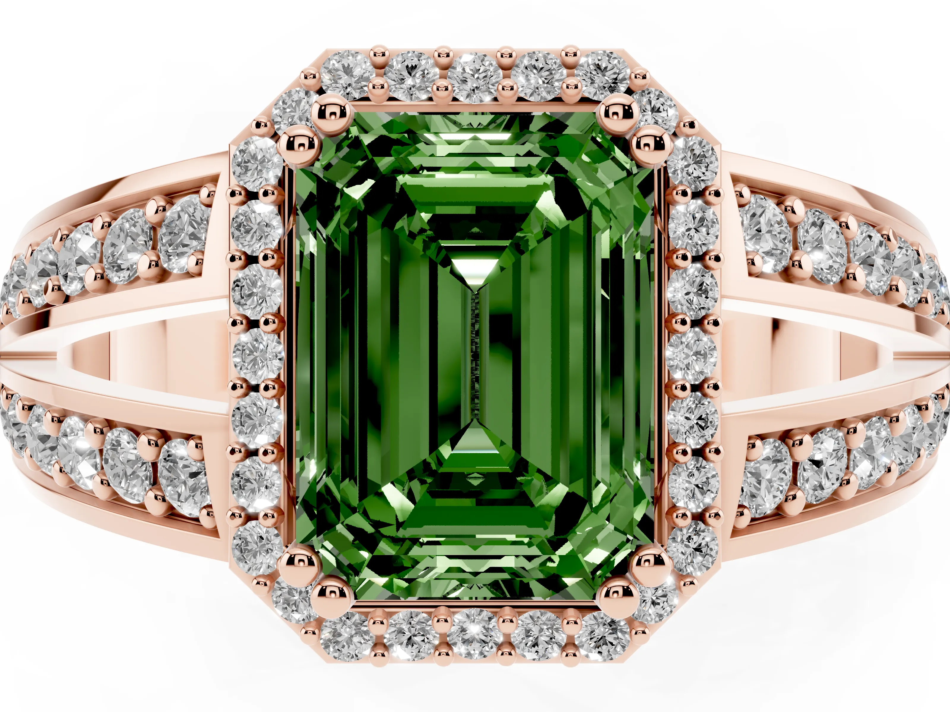 Fancy Green Emerald Cut Diamond Halo Ring Set in Rose gold with Double Pavé Split Shank