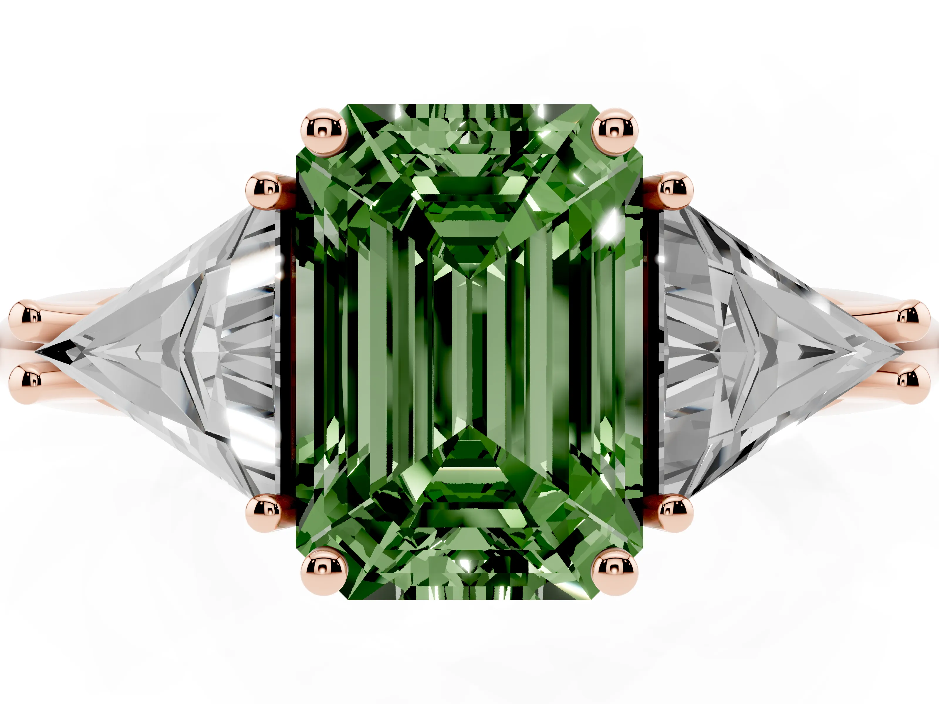 Fancy Green Emerald Cut Diamond Three-Stone Engagement Ring Set in Rose gold with Trillion Side Stones