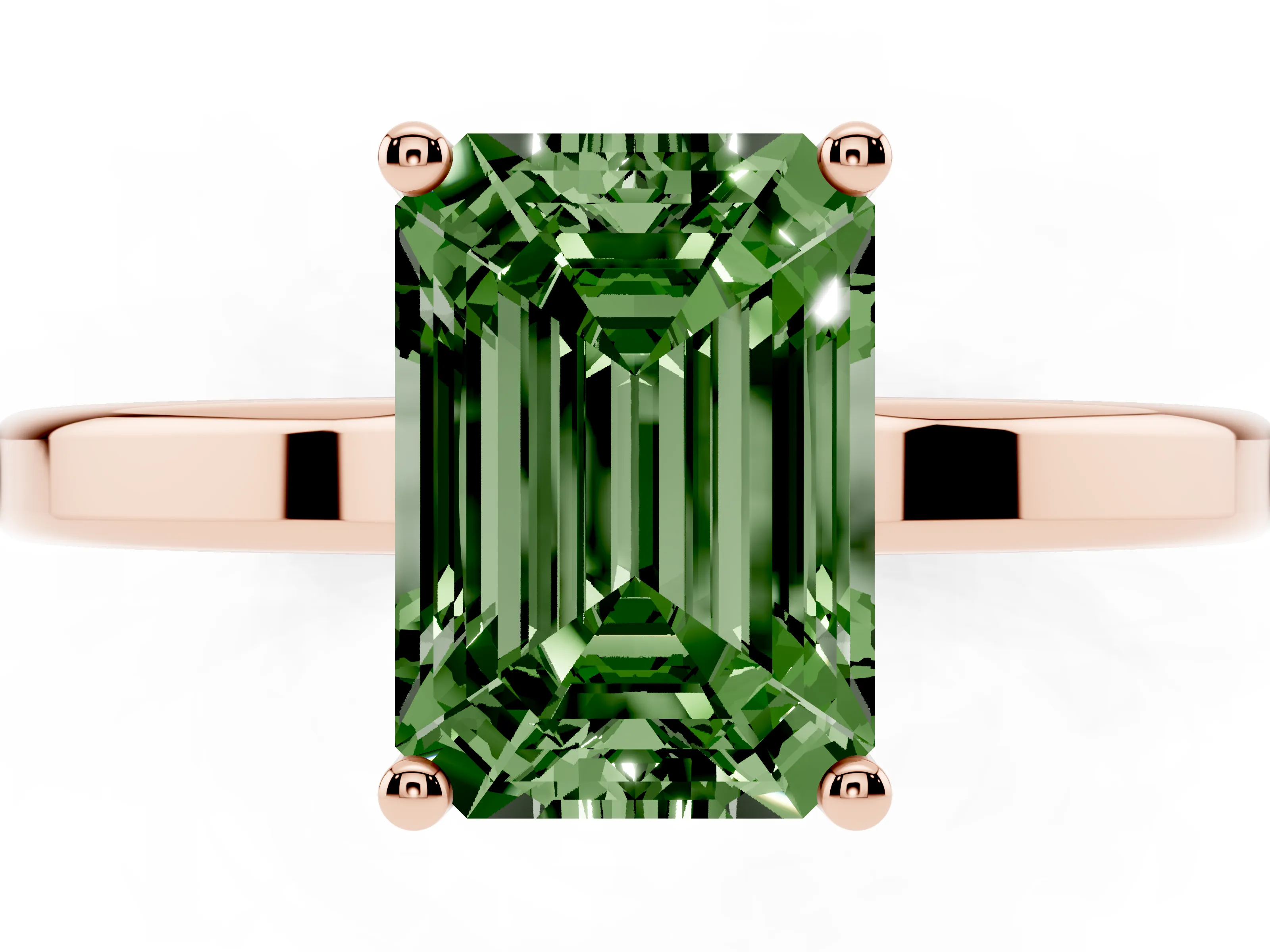 Fancy Green Emerald Cut Diamond Solitaire Engagement Ring Set in Rose gold with Prong Setting on a Plain Band