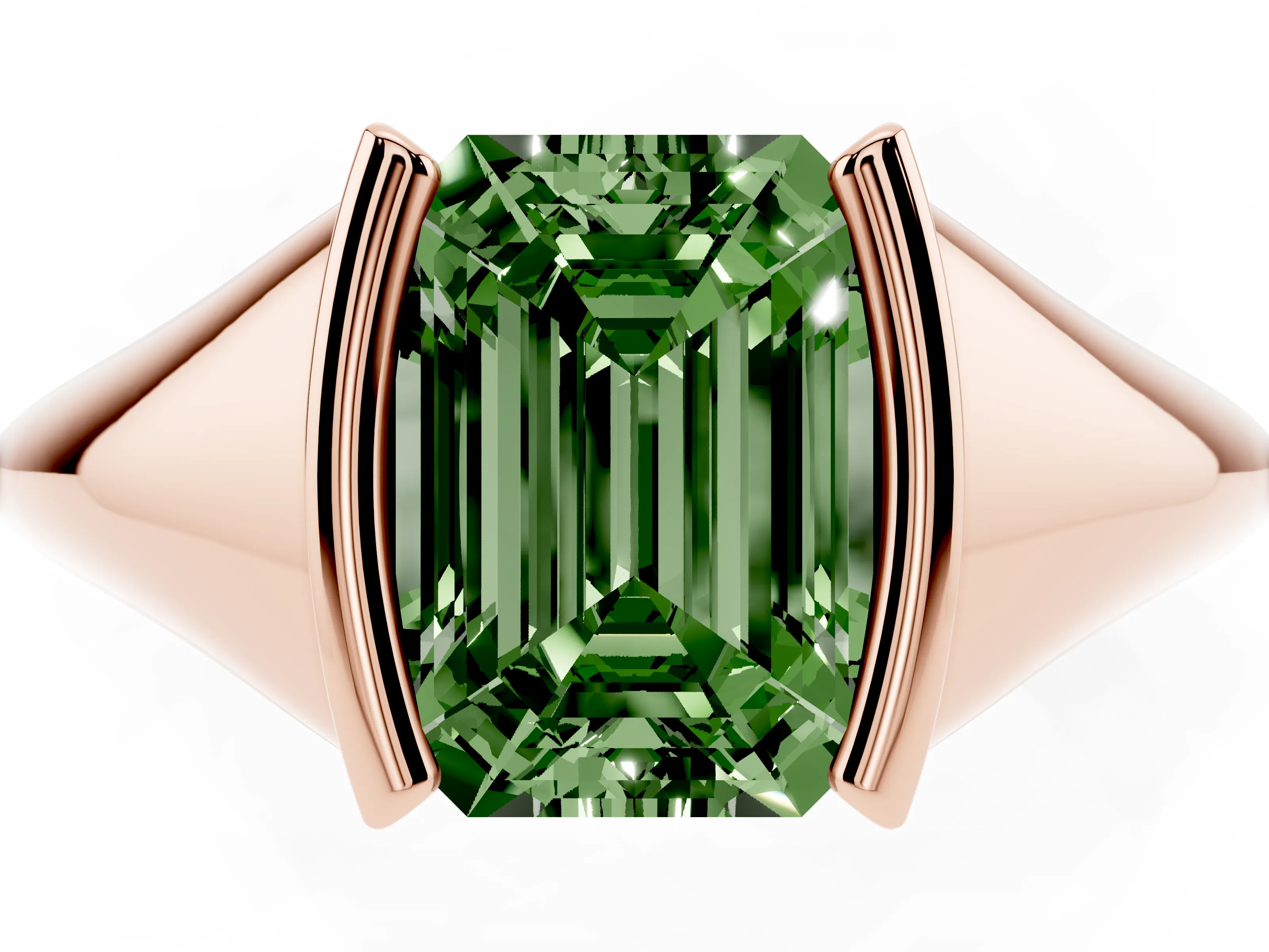 Fancy Green Emerald Cut Diamond Solitaire Tension Set Ring Set in Rose gold