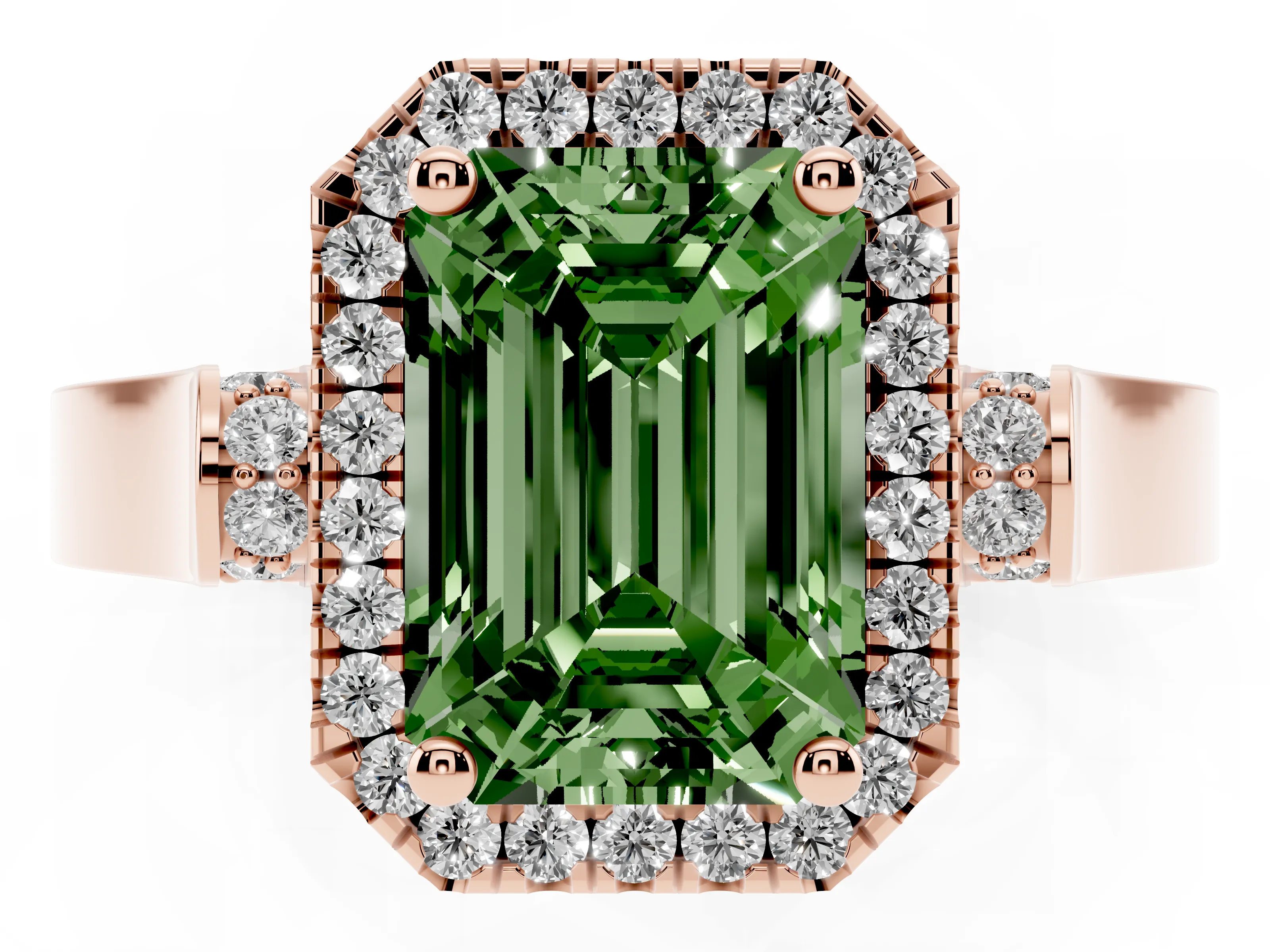 Fancy Green Emerald Cut Diamond Halo Ring Set in Rose gold with Pavé-Lined Split Shank Band
