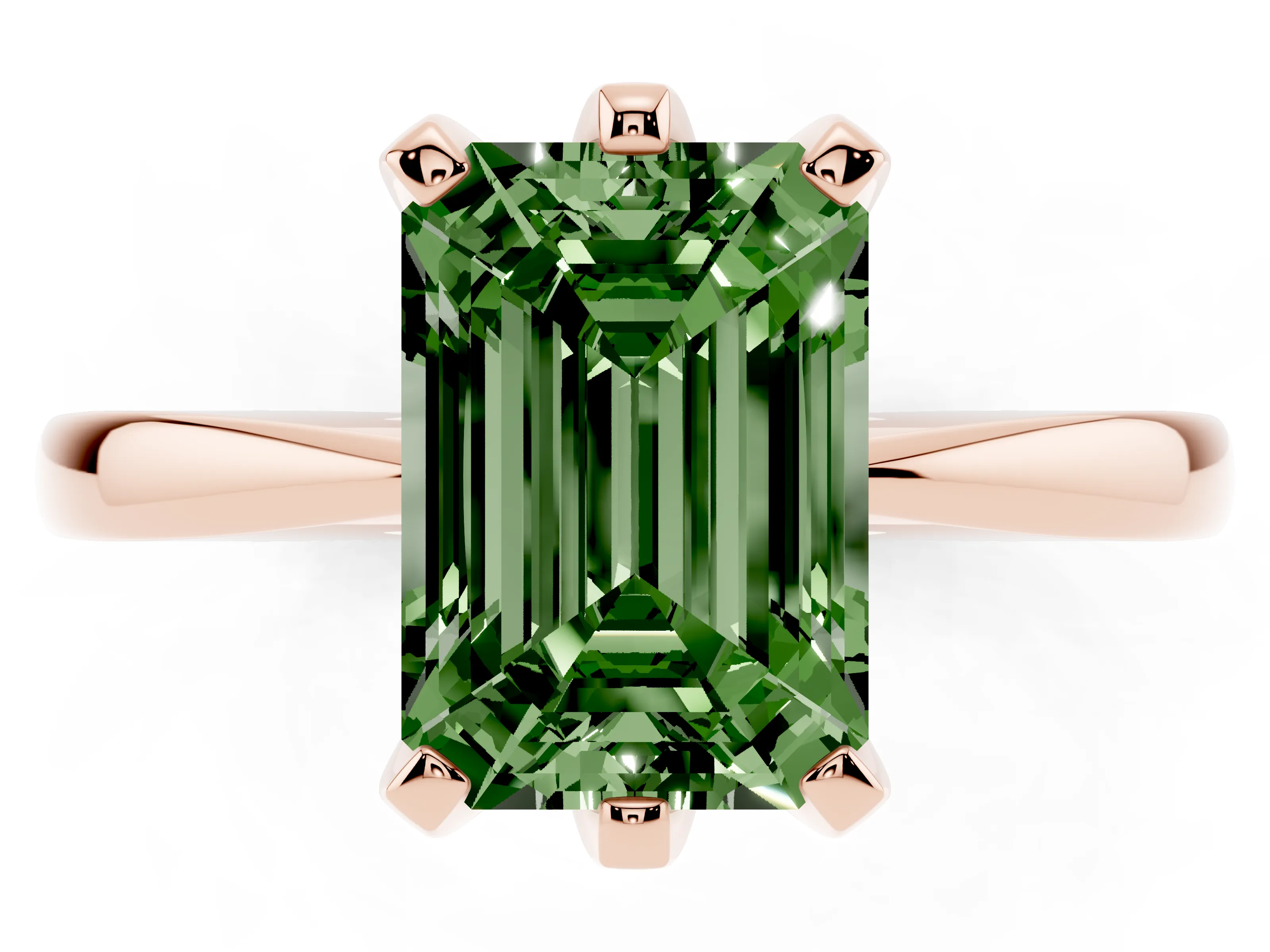 Fancy Green Emerald Cut Diamond Solitaire Engagement Ring Set in Rose gold with Slim Tapered Solitaire Band