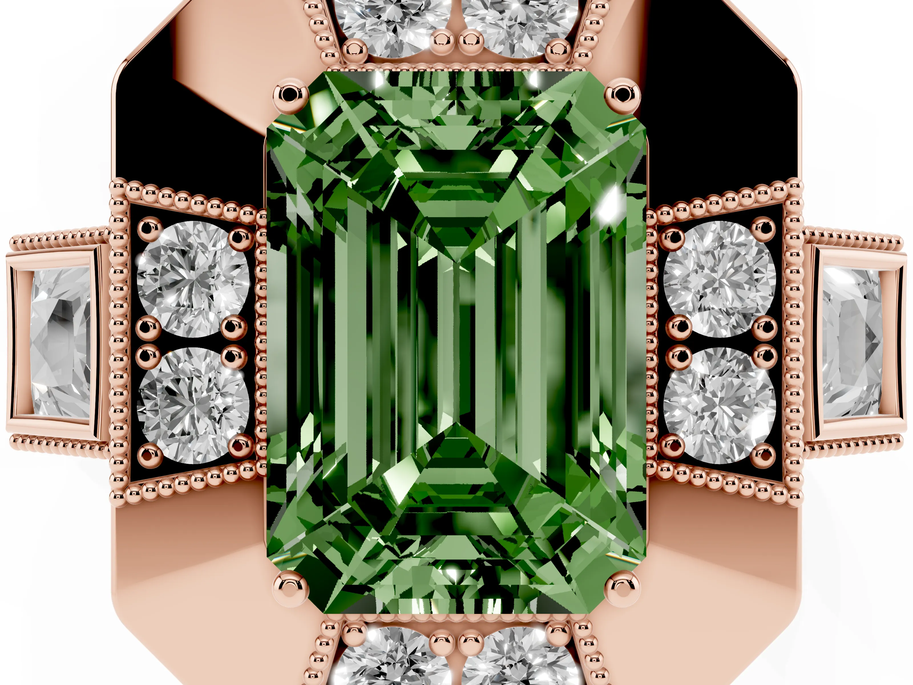 Fancy Green Emerald Cut Diamond Milgrain Halo Ring Set in Rose gold with Split Shank