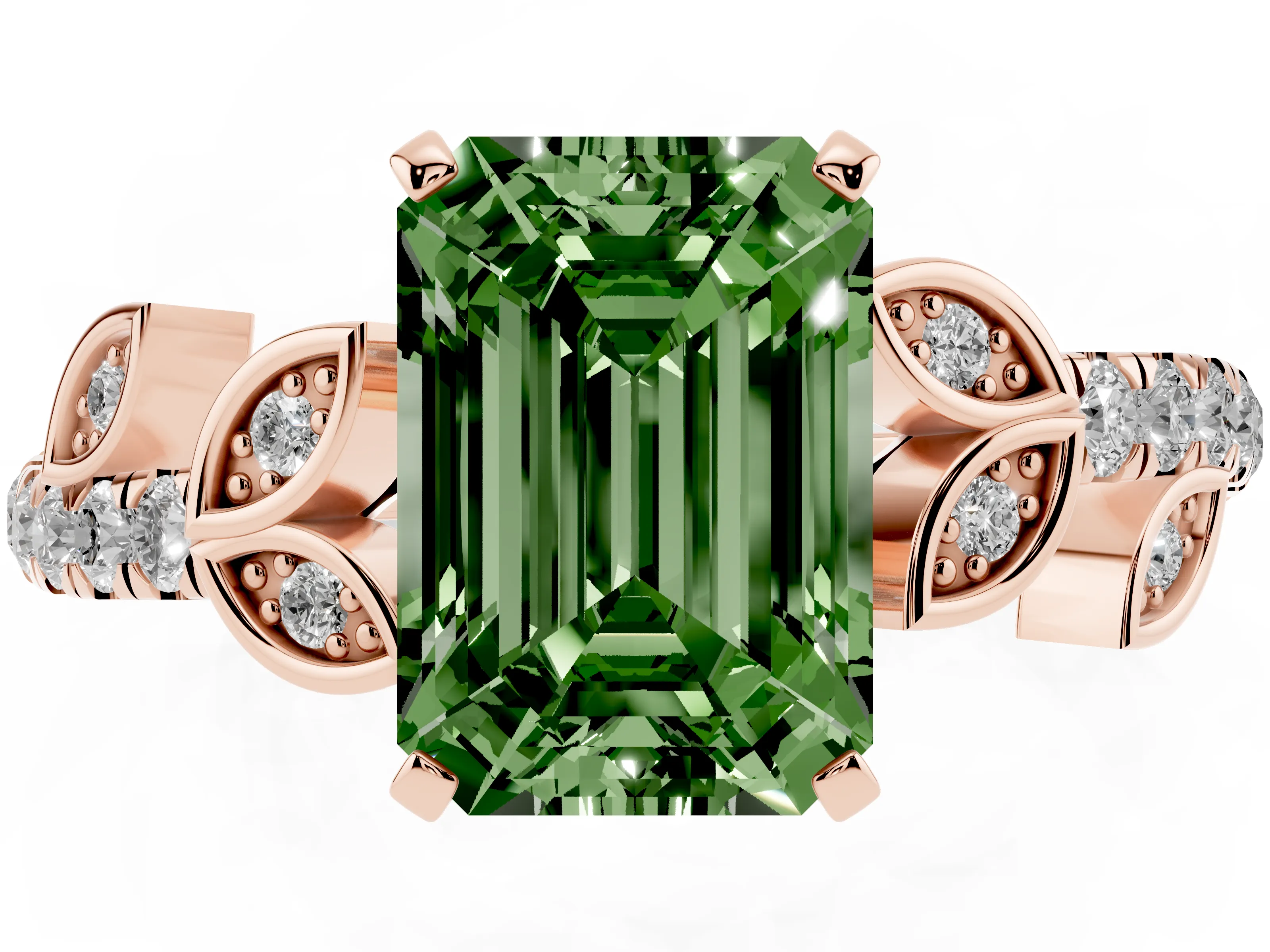 Fancy Green Emerald Cut Diamond Solitaire Leaf-Inspired Ring Set in Rose gold with Pavé Band and Prong Setting