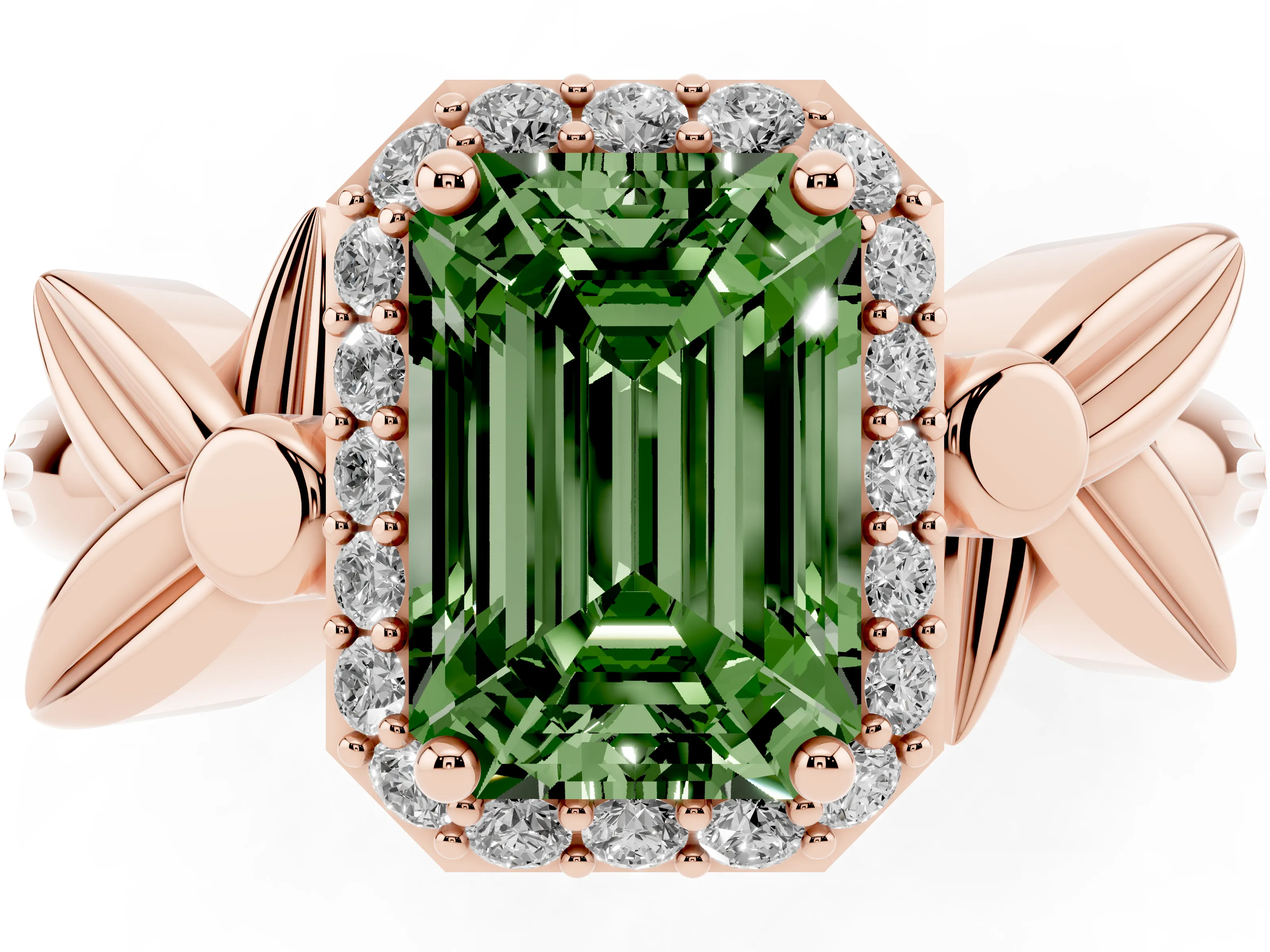 Fancy Green Emerald Cut Diamond Halo Floral Band Ring Set in Rose gold with Prong Setting