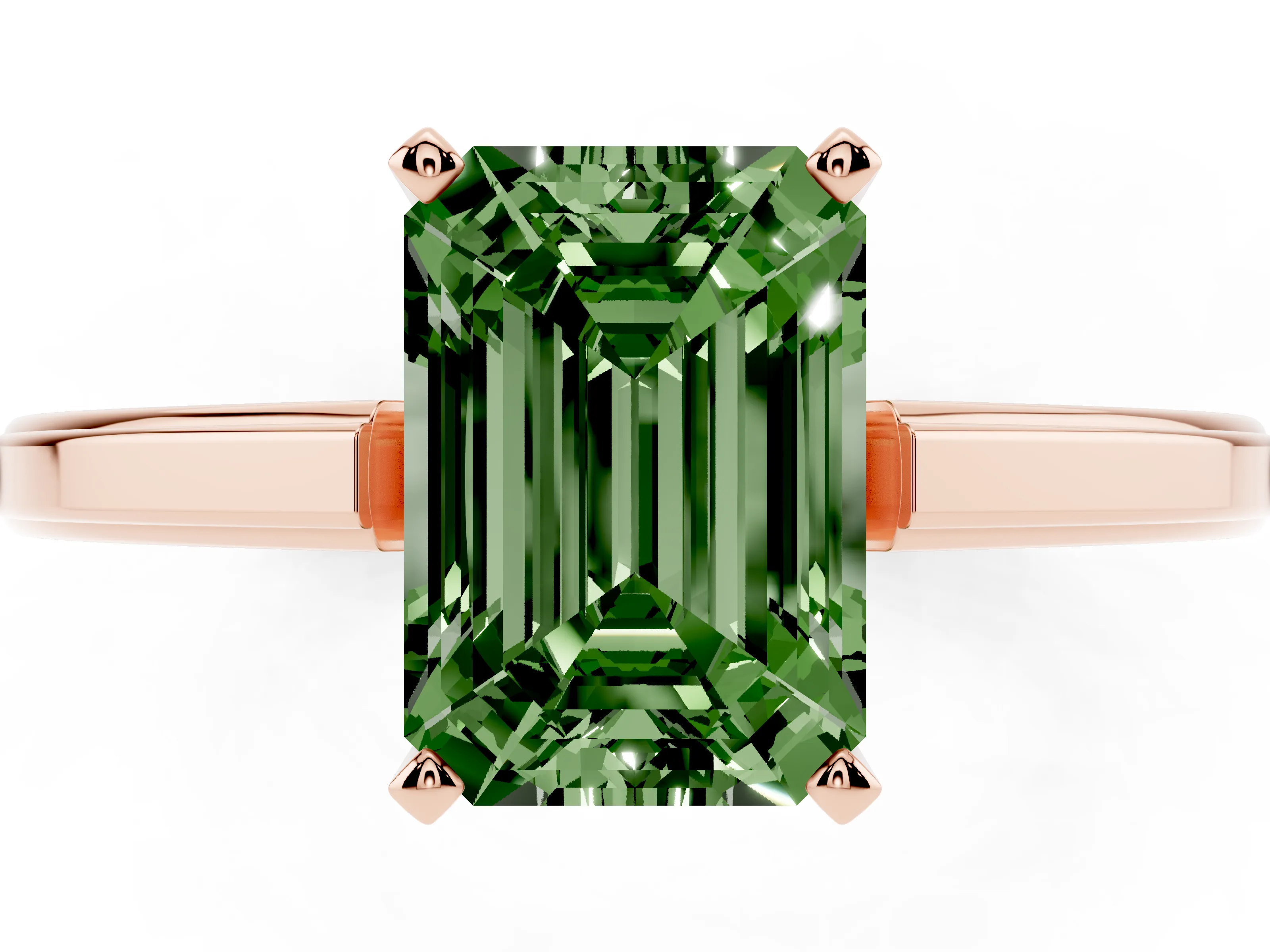 Fancy Green Emerald Cut Diamond Solitaire Ring Set in Rose gold with Prong Setting and Classic Band
