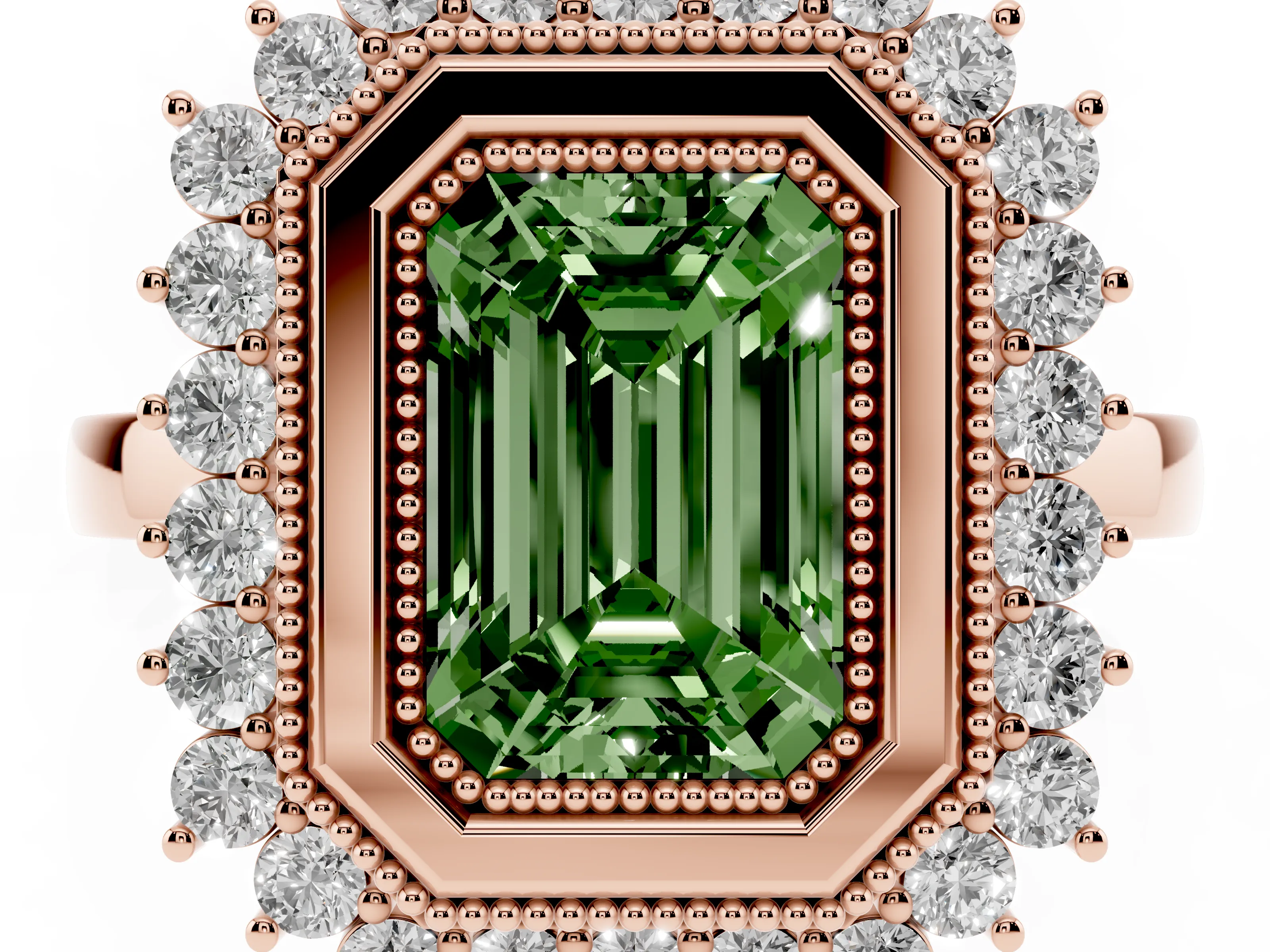 Fancy Green Emerald Cut Diamond Halo Ring Set in Rose gold with Milgrain Edge and Round Prong Setting
