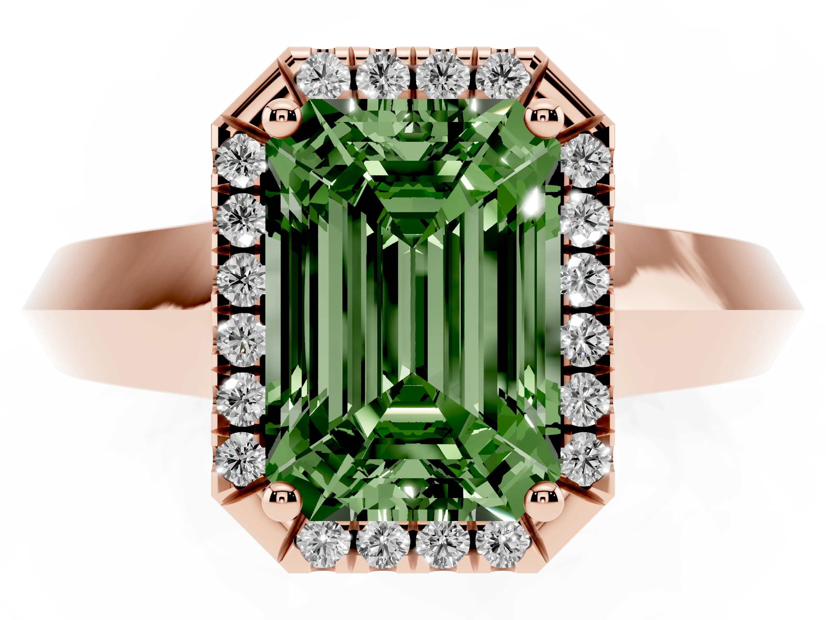 Fancy Green Emerald Cut Diamond Halo Ring Set in Rose gold with Cathedral Band and Prong Setting