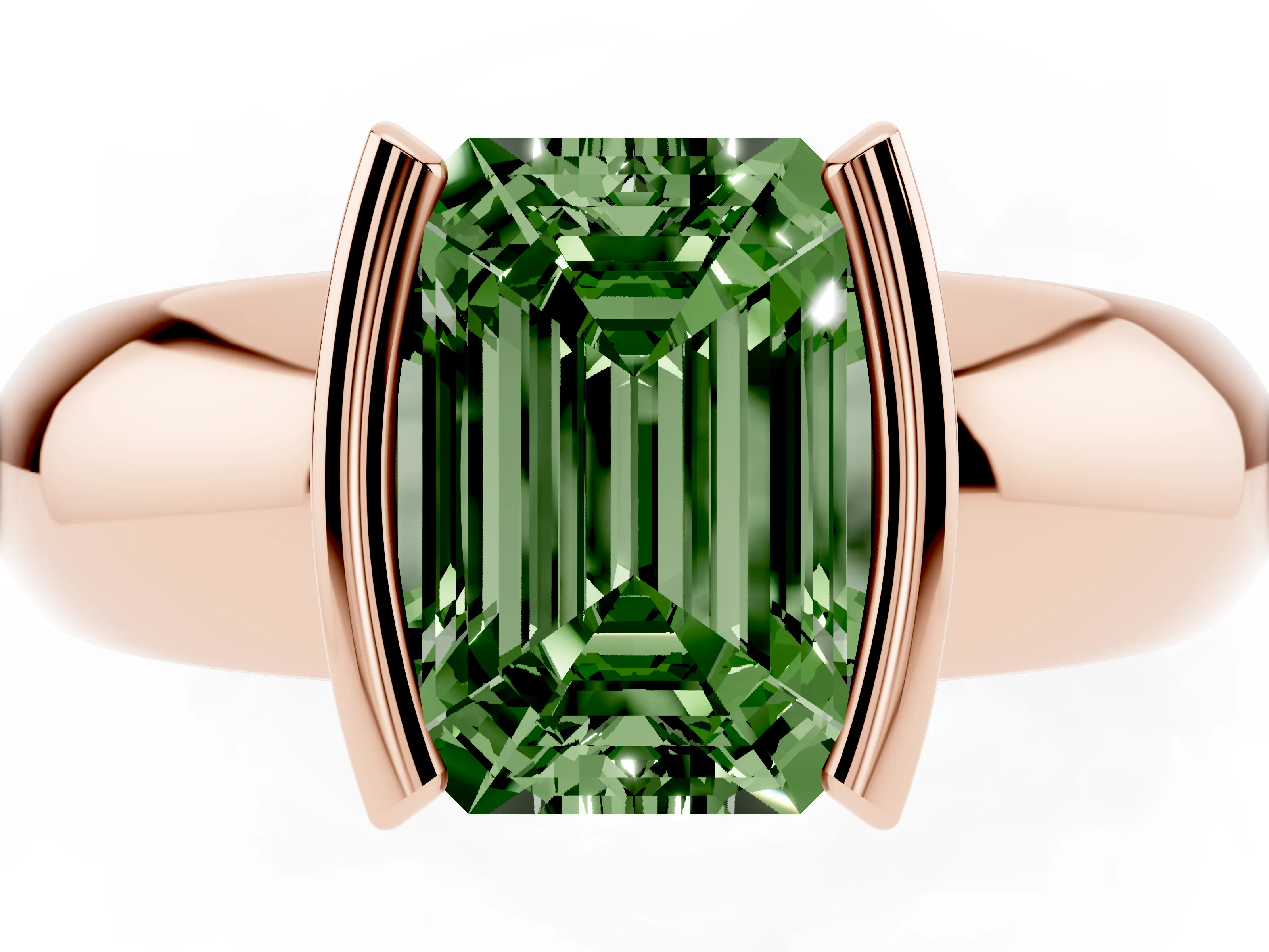 Fancy Green Emerald Cut Diamond Solitaire Tension Set Ring Set in Rose gold with Wide Band