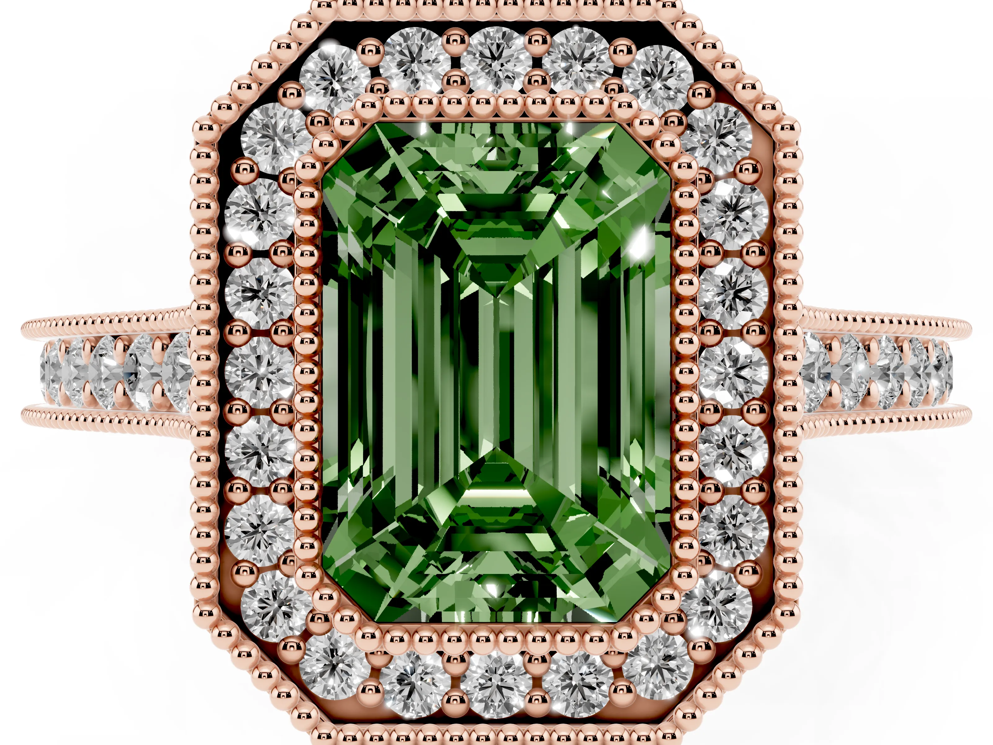 Fancy Green Emerald Cut Diamond Halo Milgrain Pavé Band Ring Set in Rose gold with Prong Setting