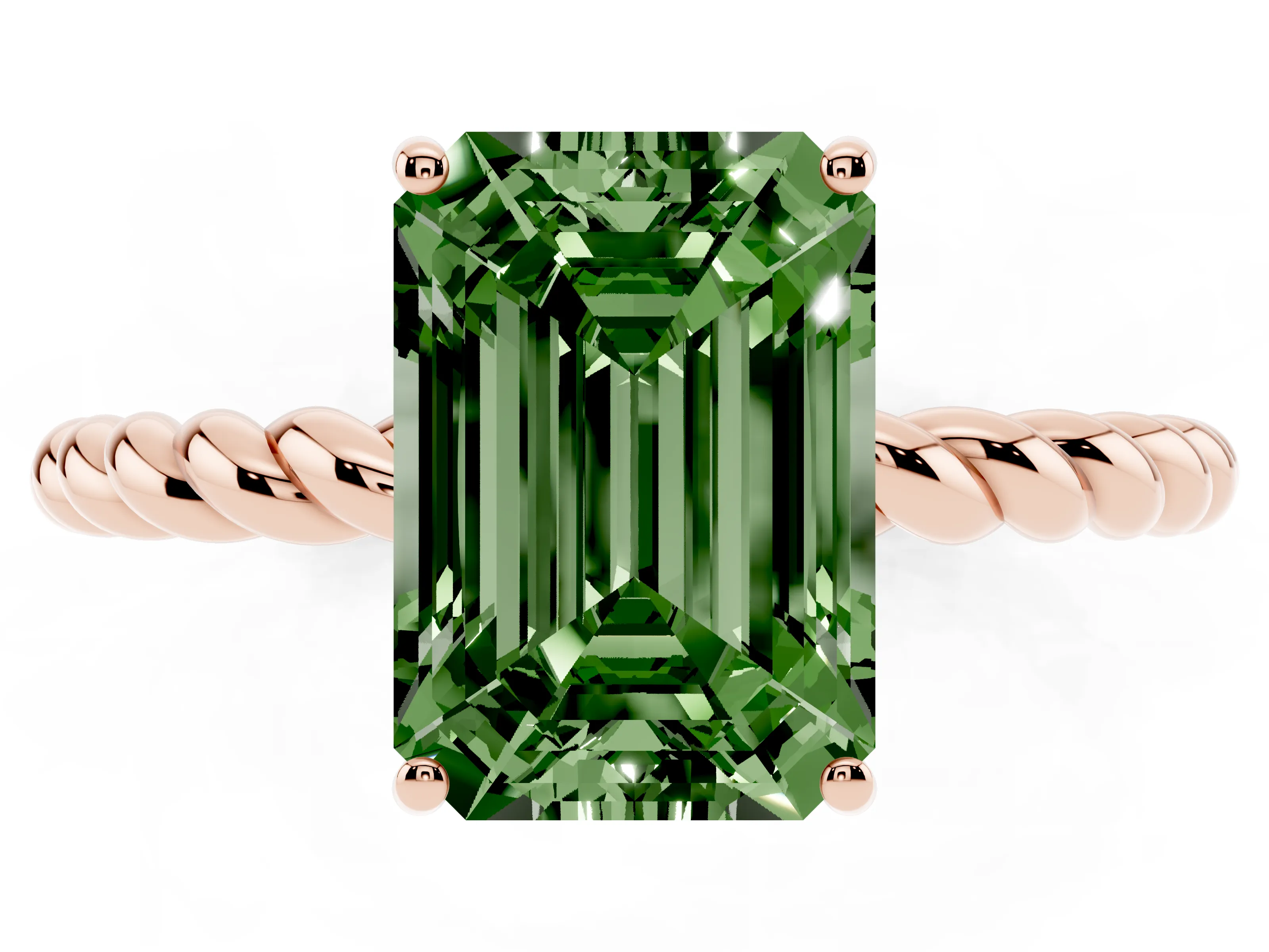 Fancy Green Emerald Cut Diamond Solitaire Ring Set in Rose gold with Twist Band and Prong Setting