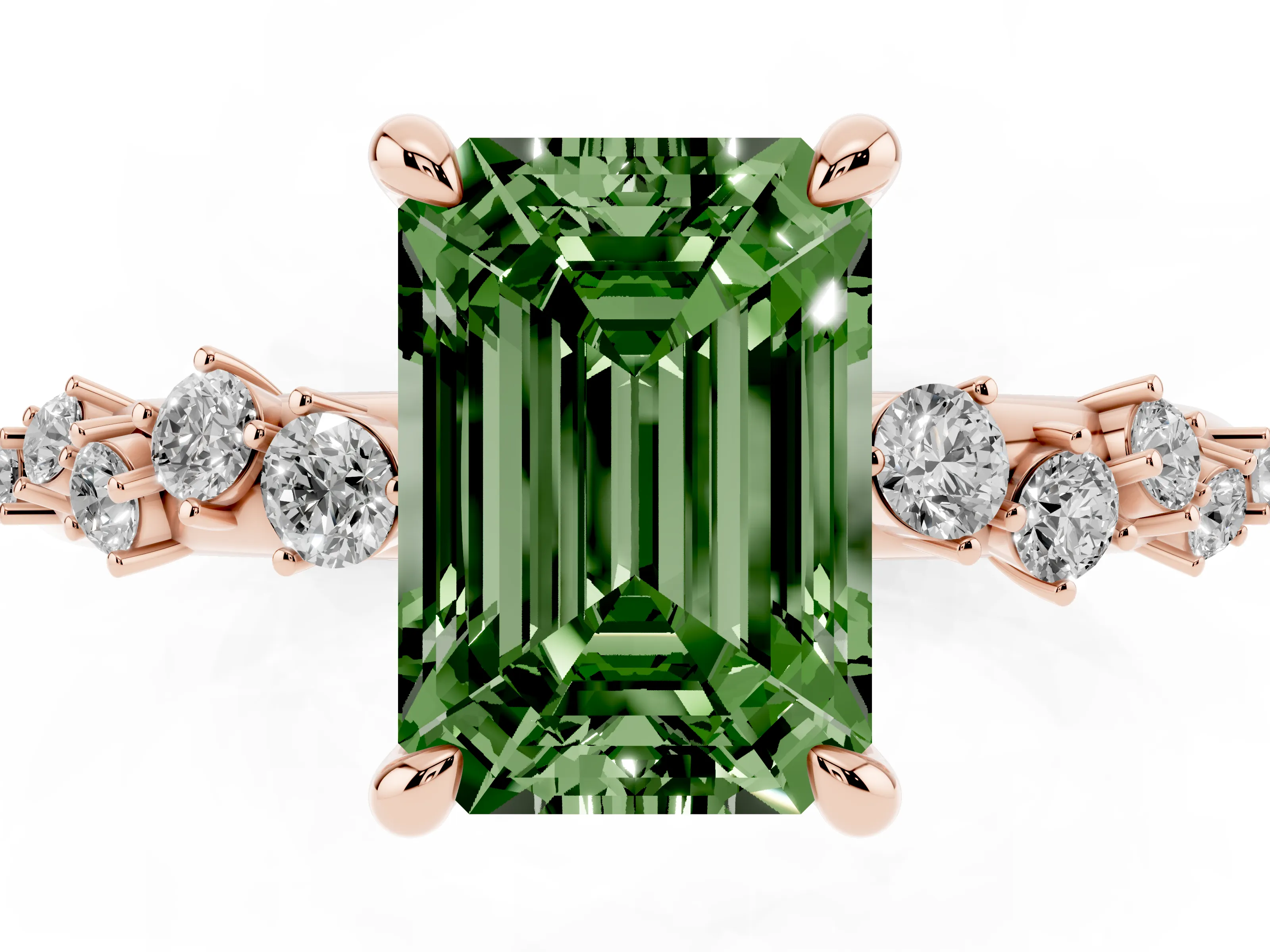 Fancy Green Emerald Cut Diamond Solitaire Vine Band Ring Set in Rose gold with Round Accents and Prong Setting