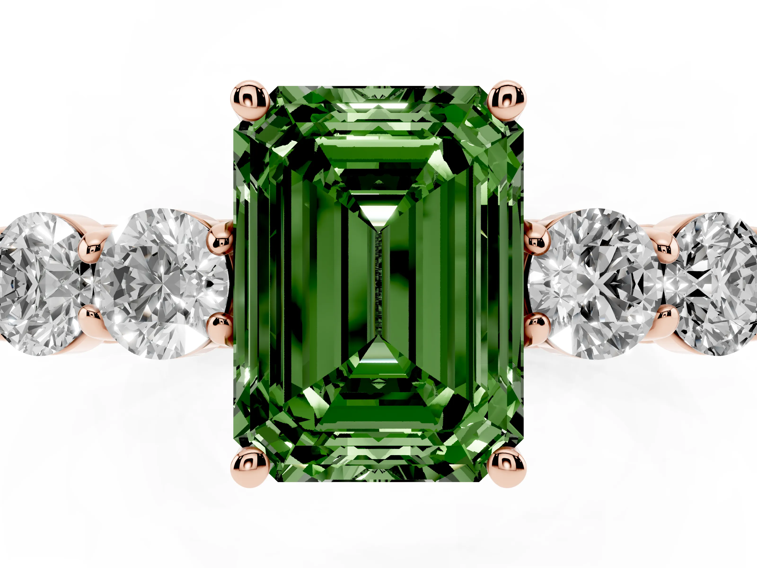 Fancy Green Emerald Cut Diamond Five-Stone Prong Set Band Ring Set in Rose gold with Polished Band