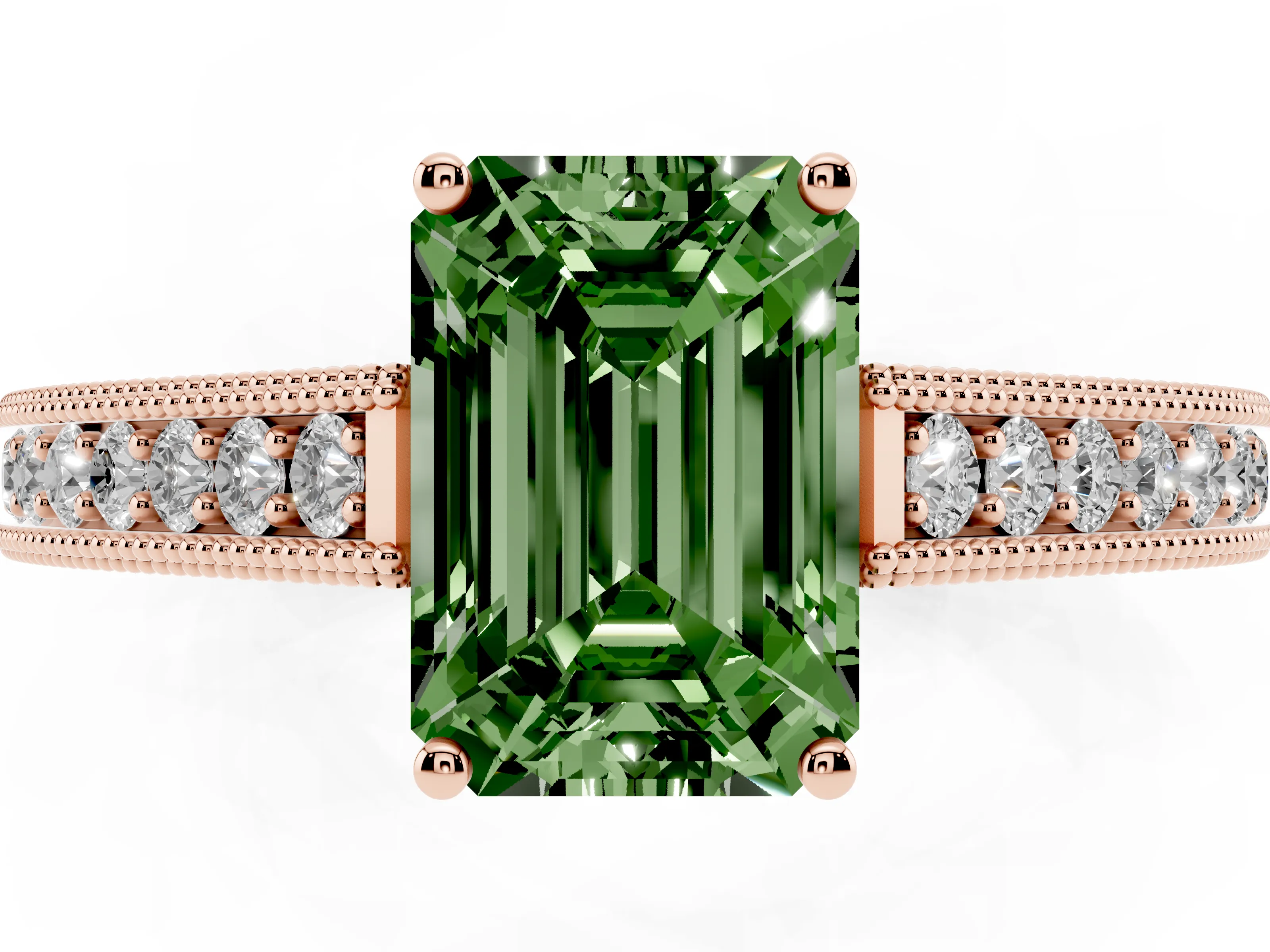 Fancy Green Emerald Cut Diamond Milgrain Pavé Band Solitaire Ring Set in Rose gold with Prong Setting