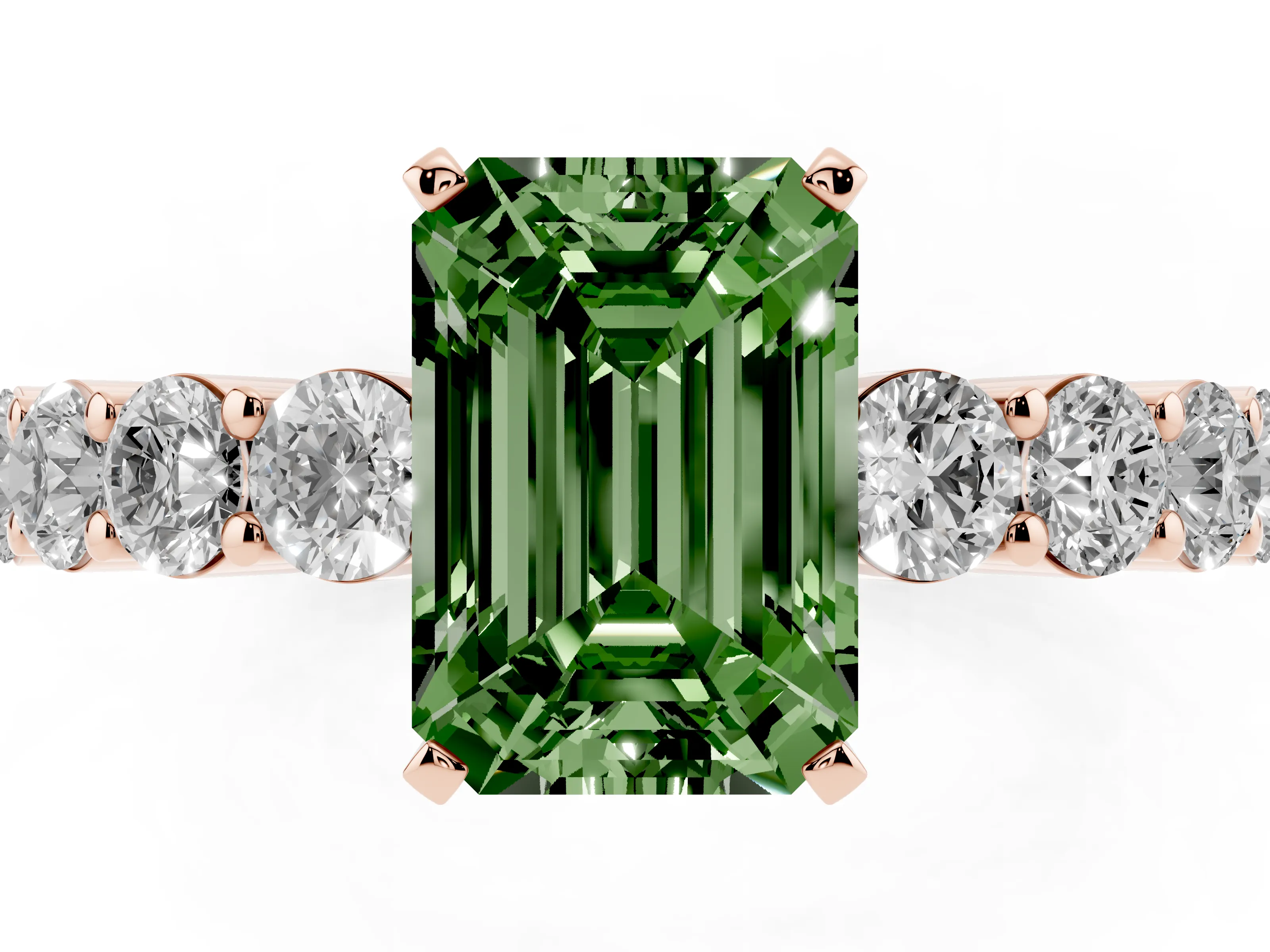 Fancy Green Emerald Cut Diamond Solitaire Ring Set in Rose gold with Shared Prong Round Side Stones