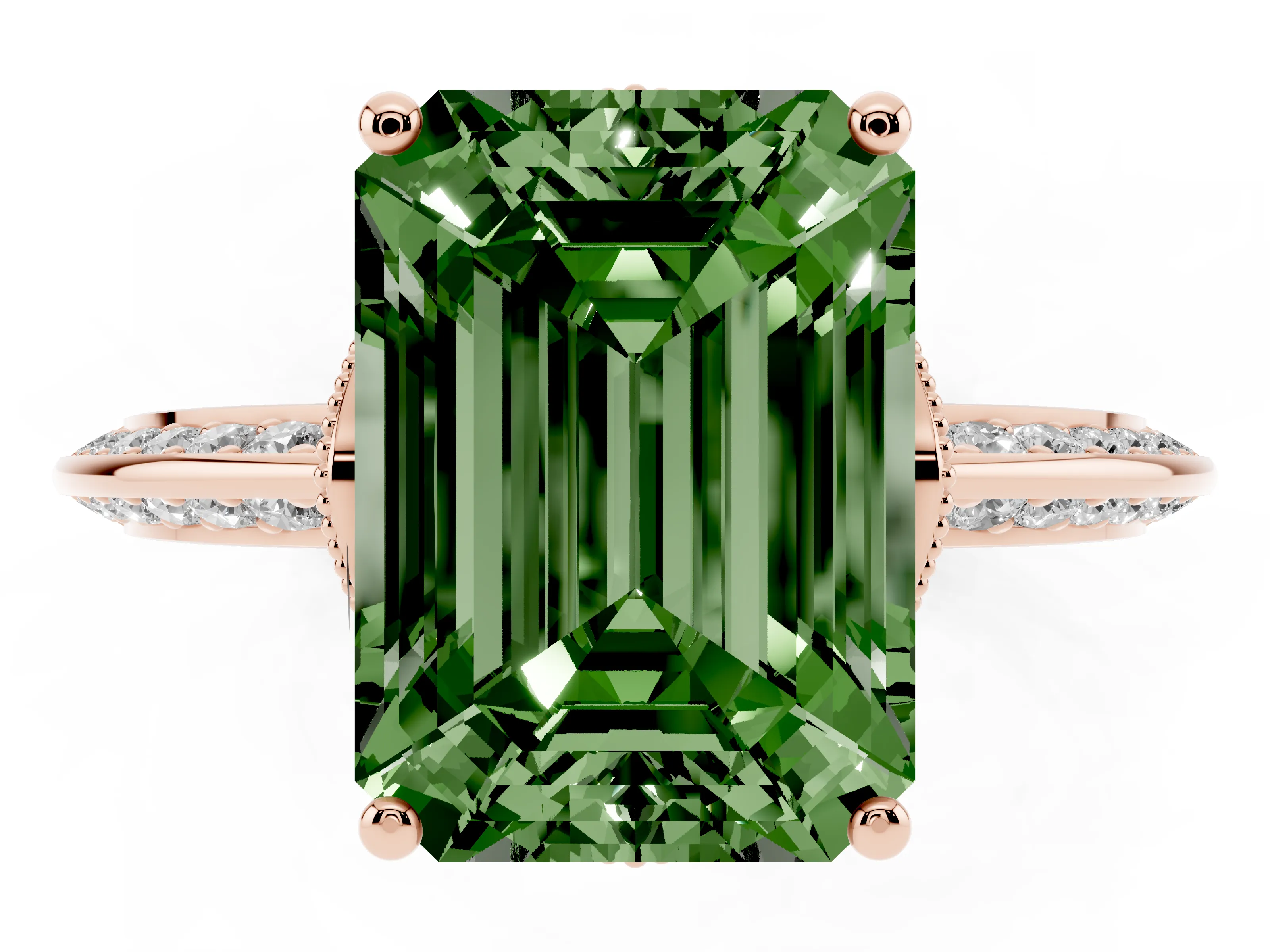 Fancy Green Emerald Cut Diamond Solitaire Engagement Ring Set in Rose gold with Pavé Split Shank and Prong Setting