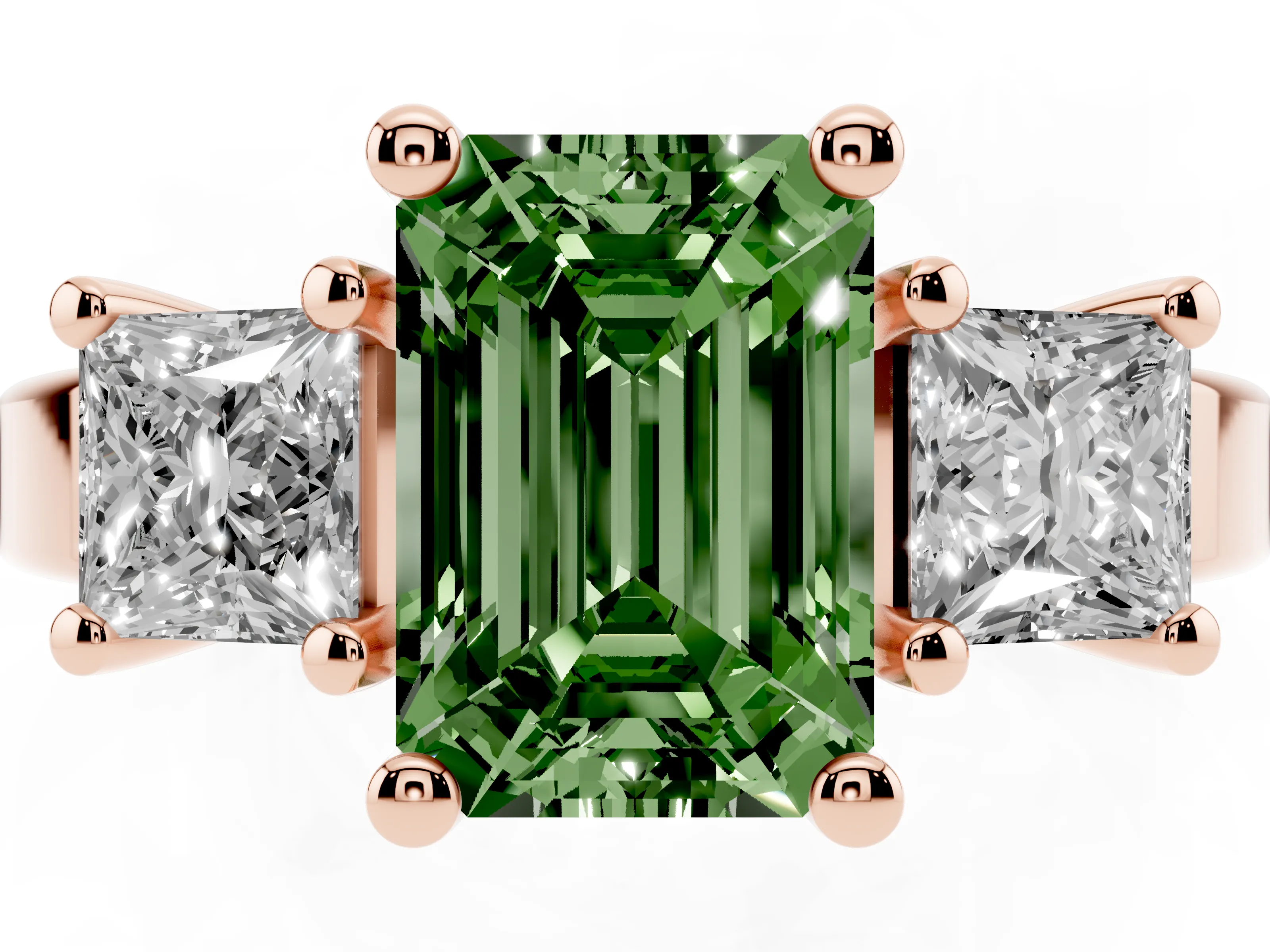 Fancy Green Three-Stone Emerald Cut Diamond Solitaire Ring Set in Rose gold with Prong Setting