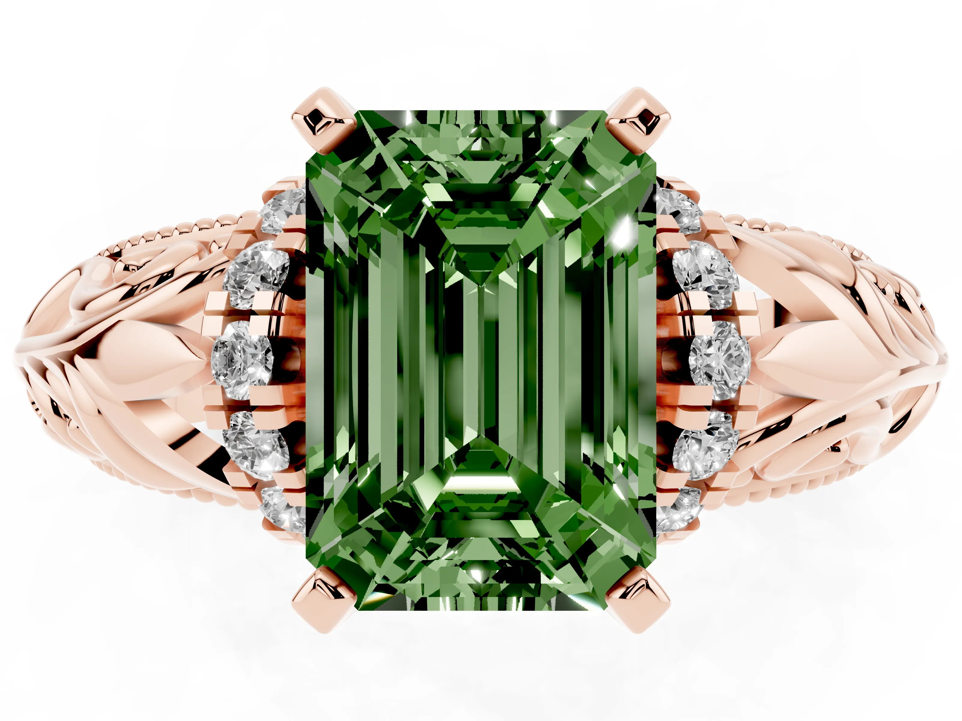 Fancy Green Emerald Cut Diamond Filigree Halo Engagement Ring Set in Rose gold with Prong Setting