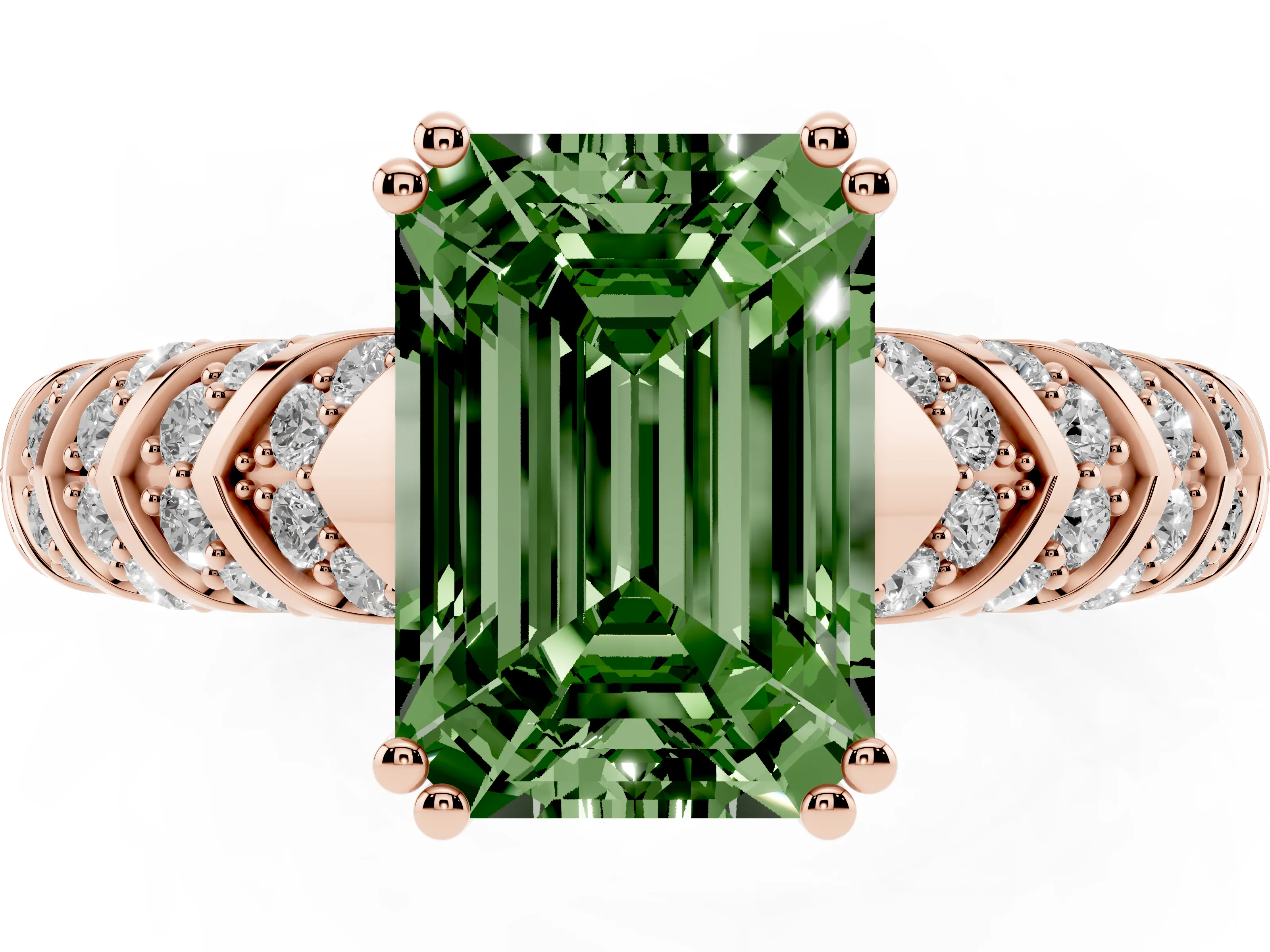 Fancy Green Emerald Cut Diamond Solitaire Chevron Pavé Engagement Ring Set in Rose gold with Prong Setting