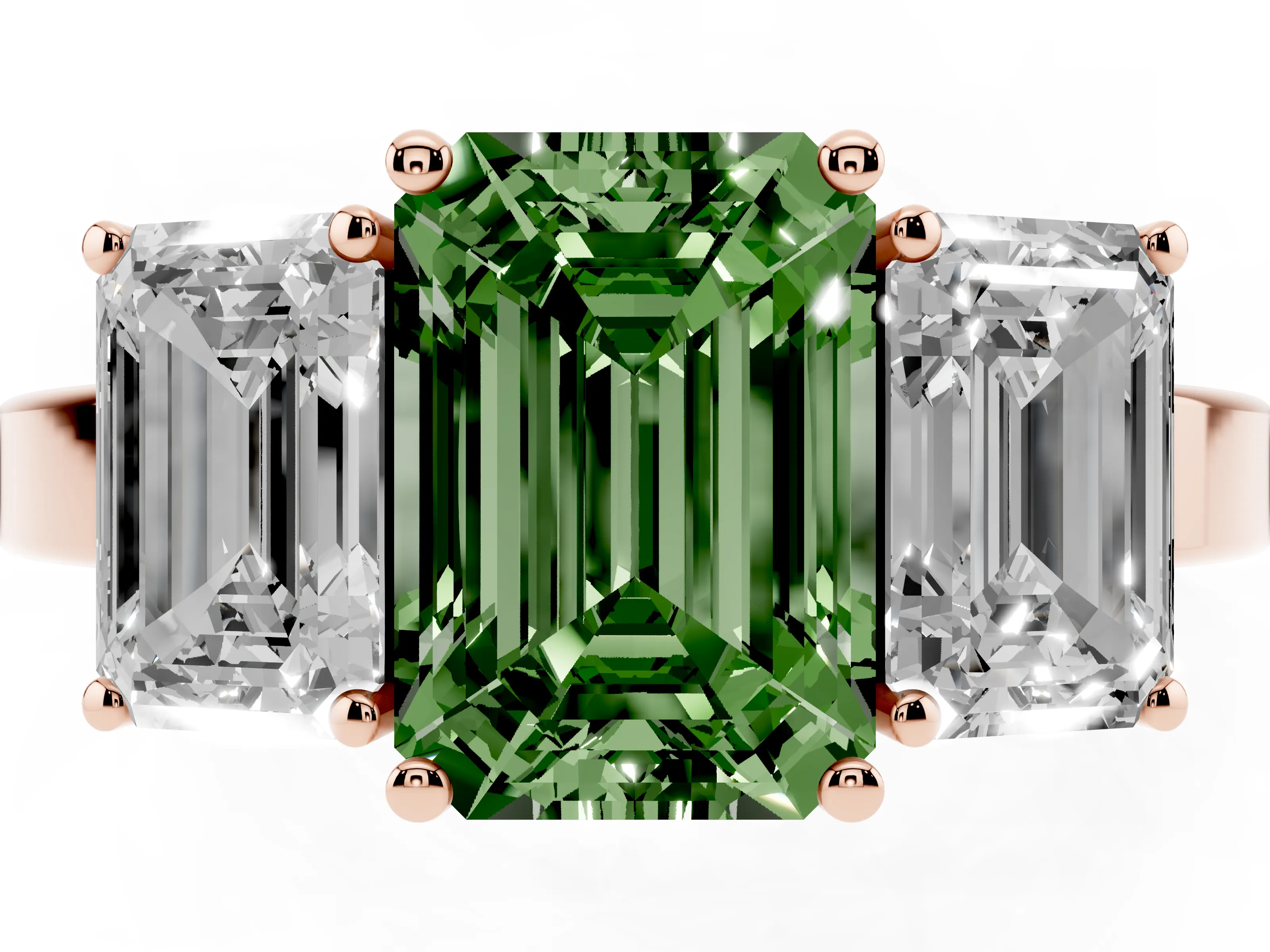 Fancy Green Emerald Cut Diamond Three-Stone Engagement Ring Set in Rose gold with Flat Band