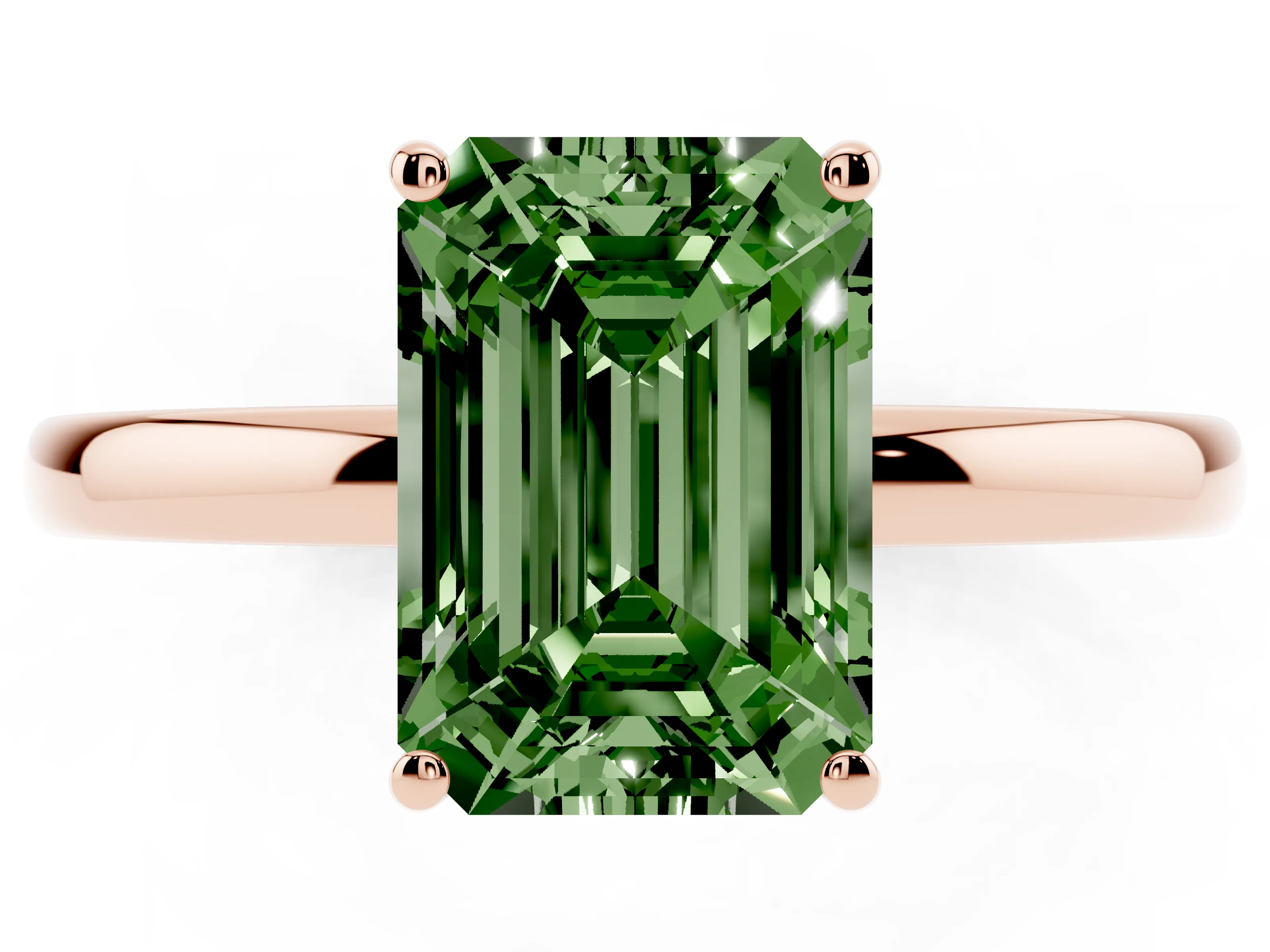 Fancy Green Emerald Cut Diamond Solitaire Ring Set in Rose gold with Plain Band and Prong Setting