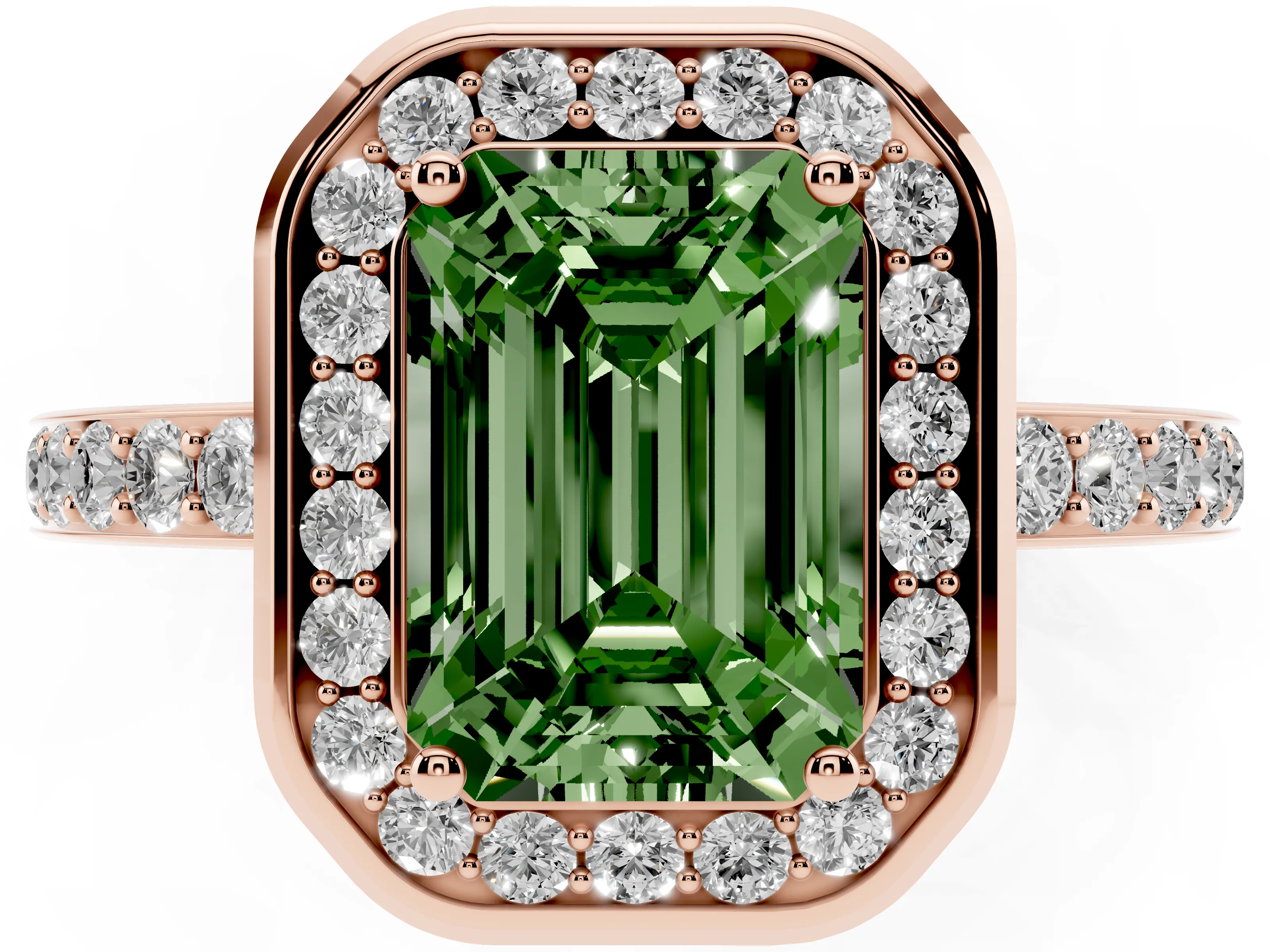 Fancy Green Emerald Cut Diamond Halo Ring Set in Rose gold with Bezel Frame and Pavé Band