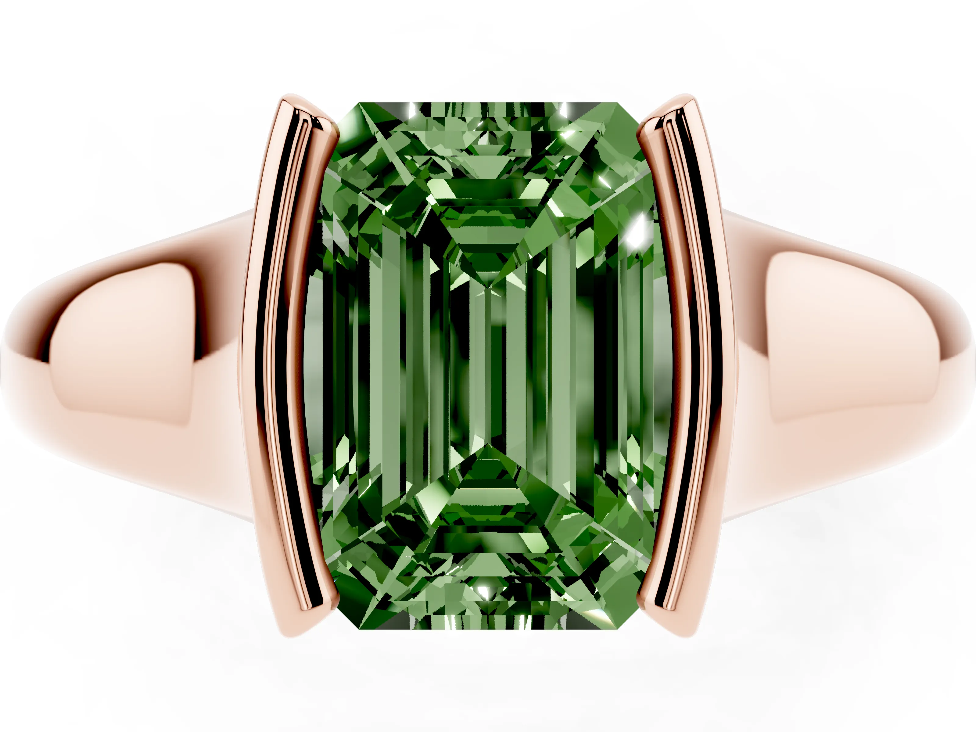 Fancy Green Emerald Cut Diamond Solitaire Tension Set Ring Set in Rose gold with Split Shank Band