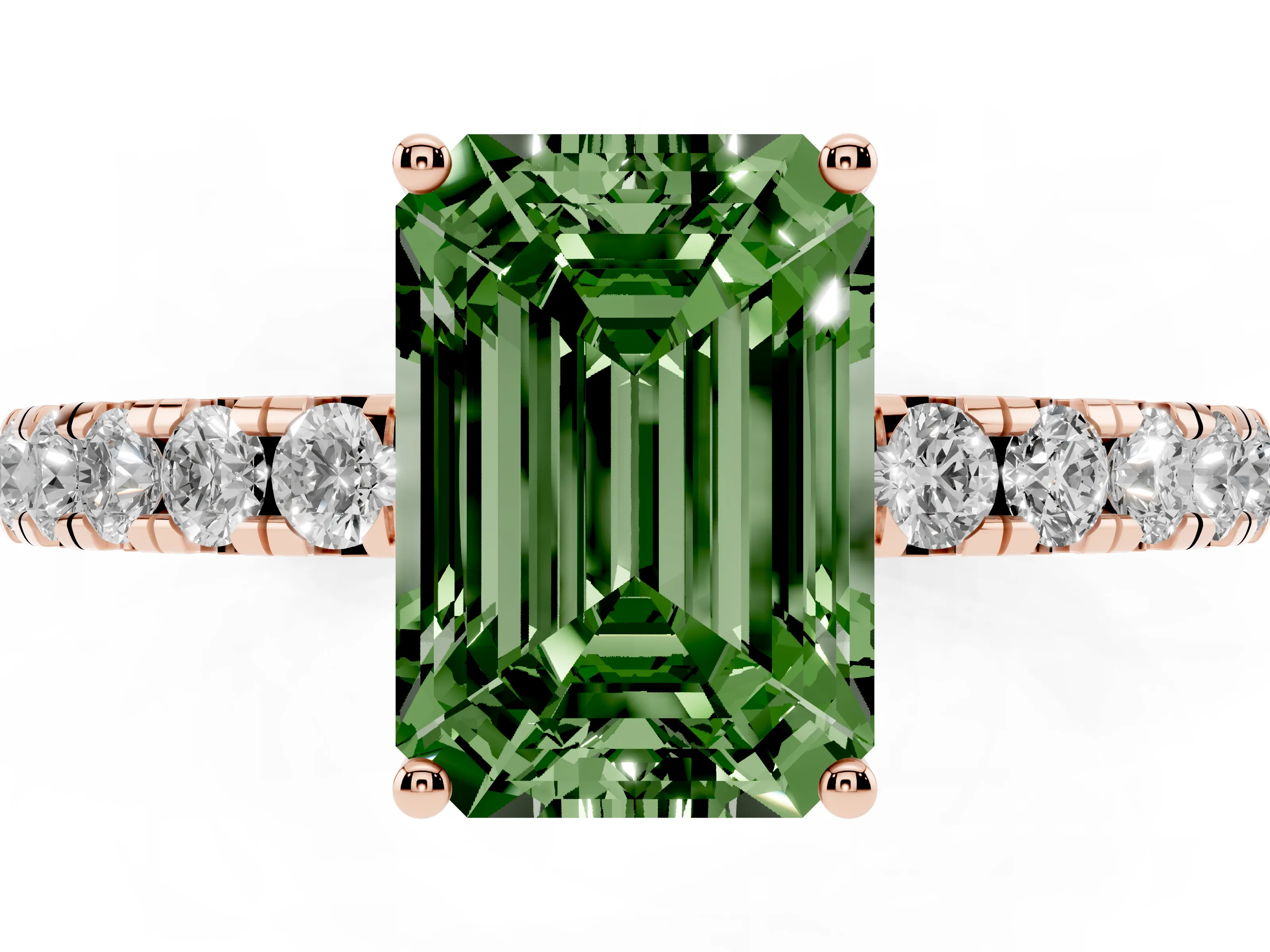Fancy Green Emerald Cut Diamond Pavé Solitaire Engagement Ring Set in Rose gold with Prong Setting