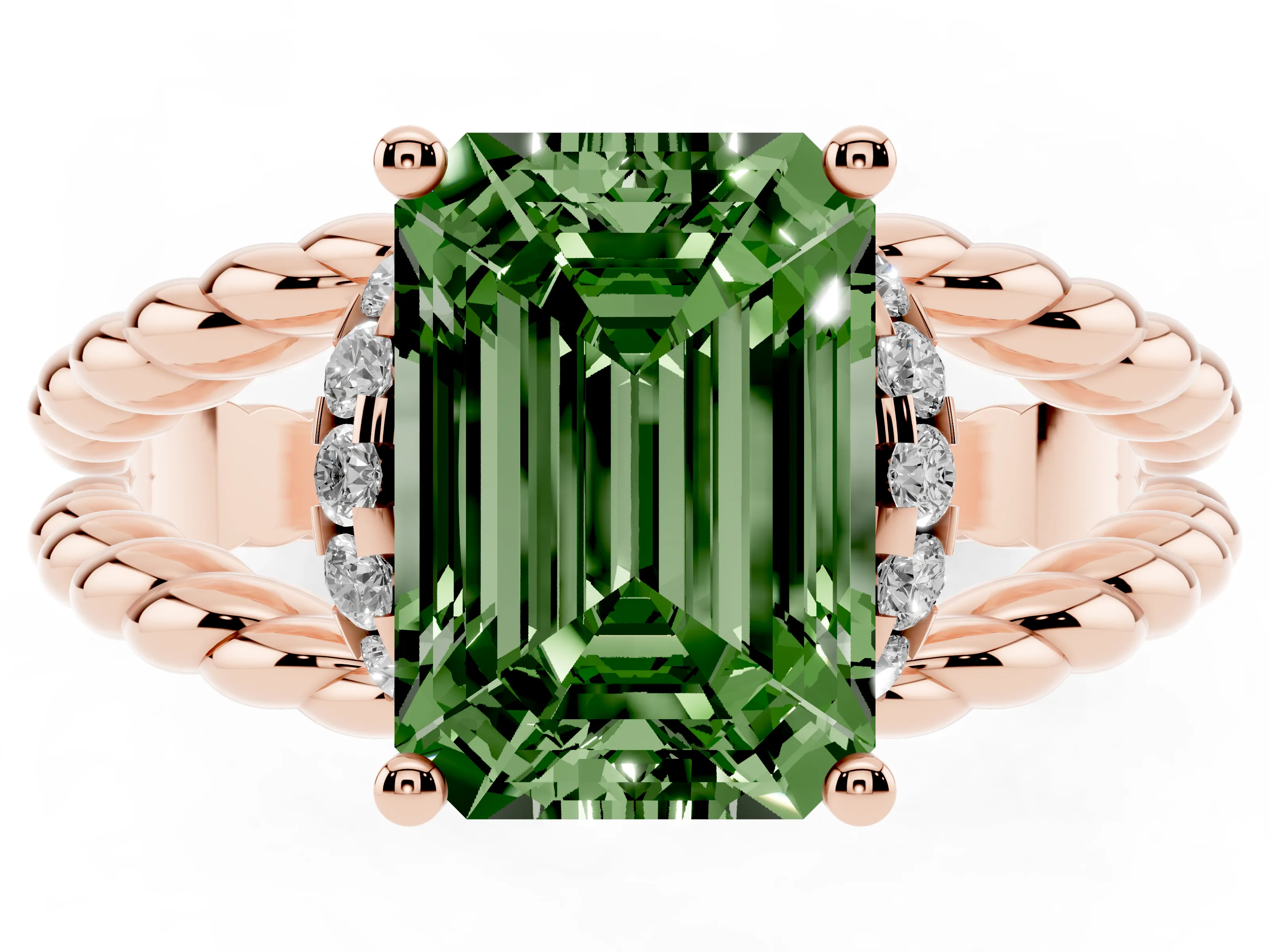 Fancy Green Emerald Cut Diamond Halo Ring Set in Rose gold with Twisted Band and Prong Setting
