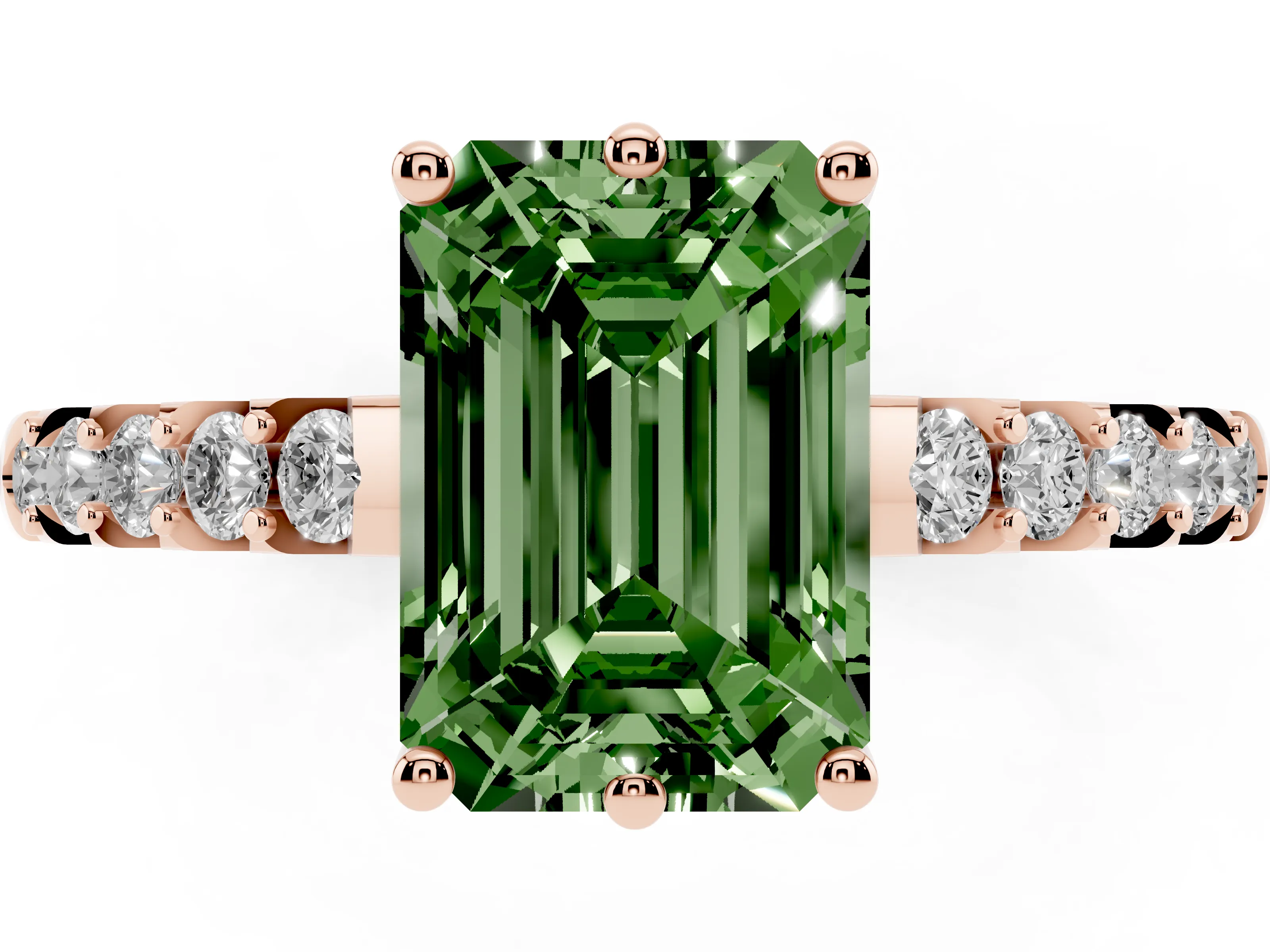 Fancy Green Emerald Cut Diamond Solitaire Engagement Ring Set in Rose gold with Pavé Band and Prong Setting